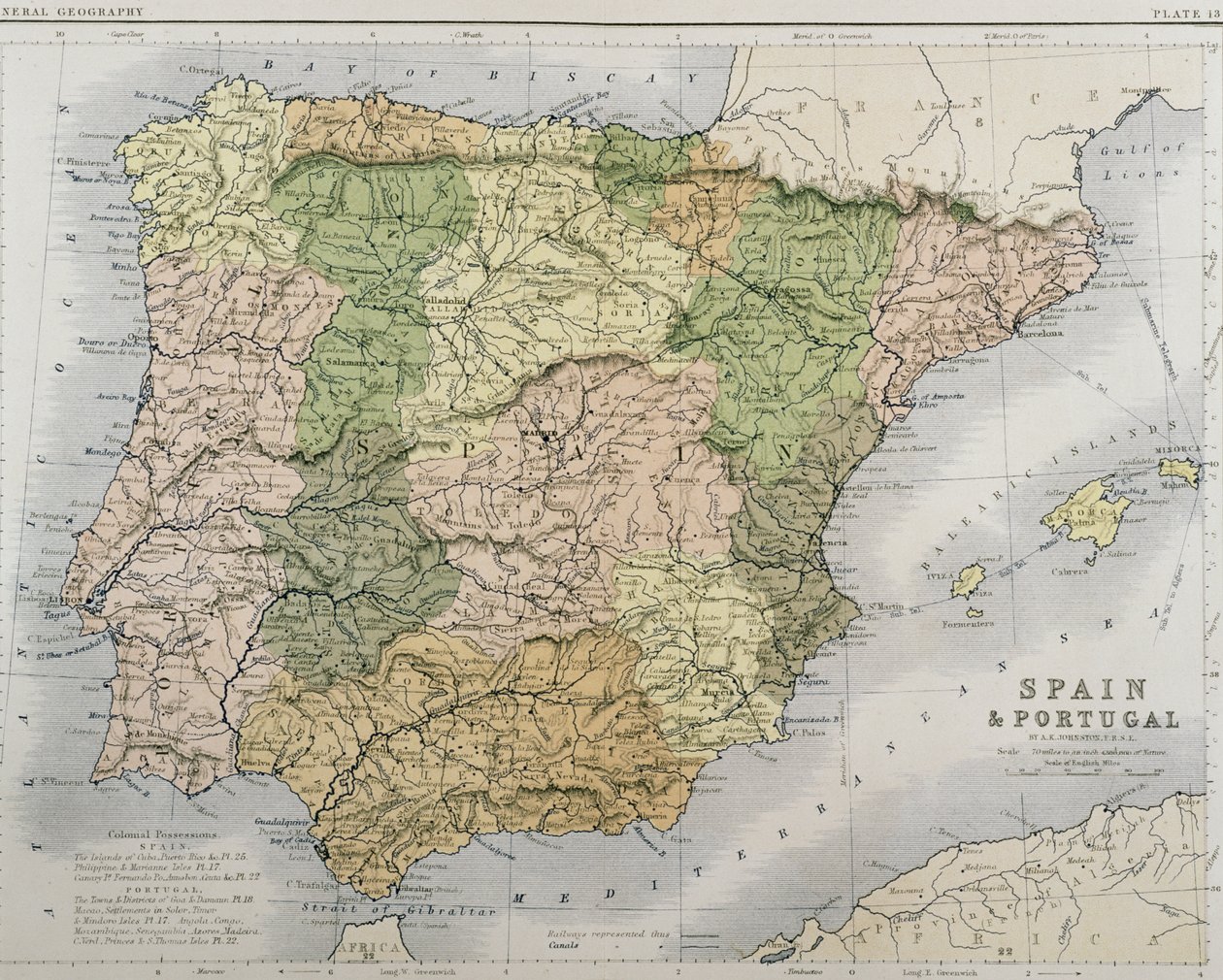 Mapa Španělska a Portugalska, c.1869 od Alexander Keith Johnston