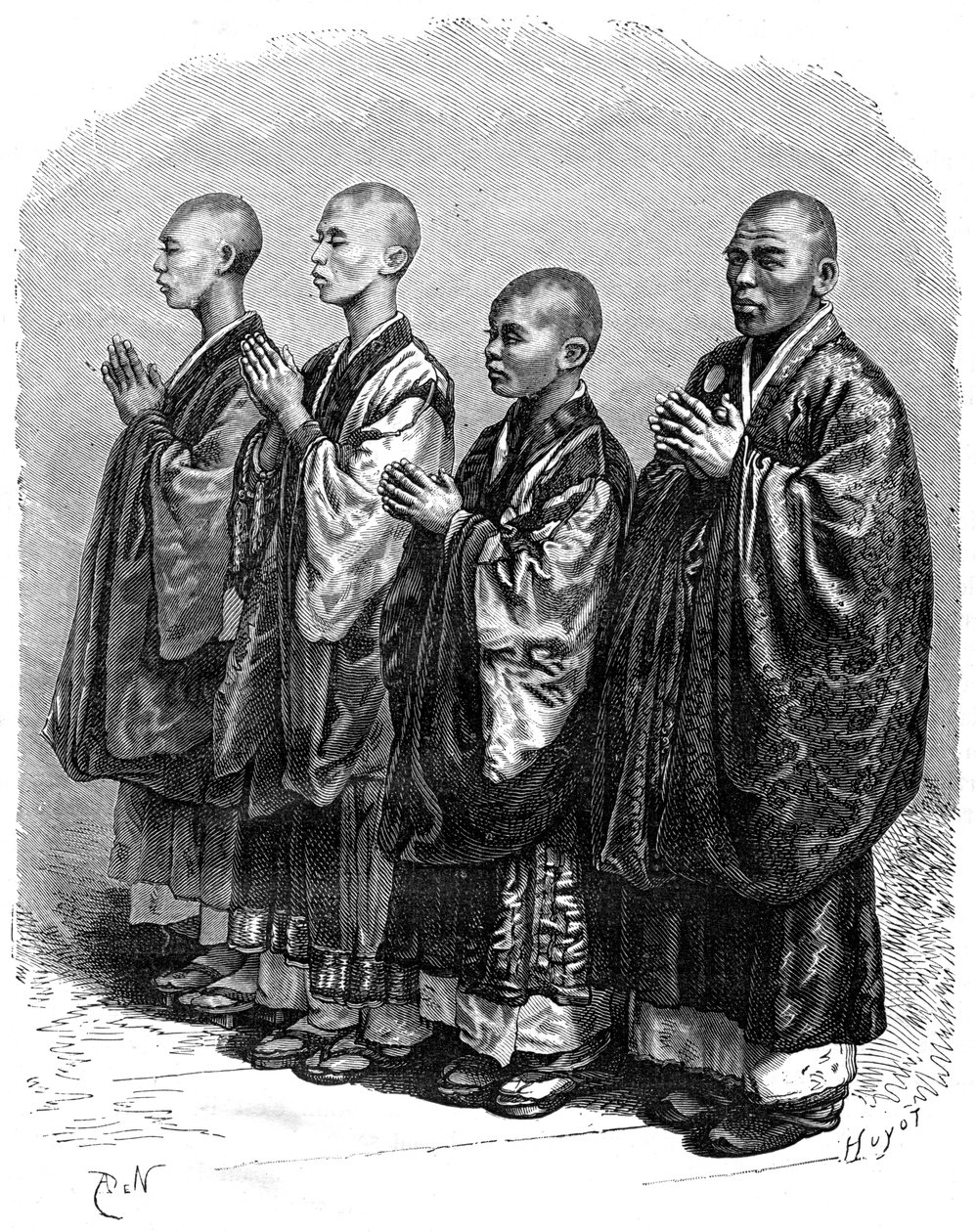 Buddhisté v modlitbě, Japonsko, 19. století. od A. de Neuville