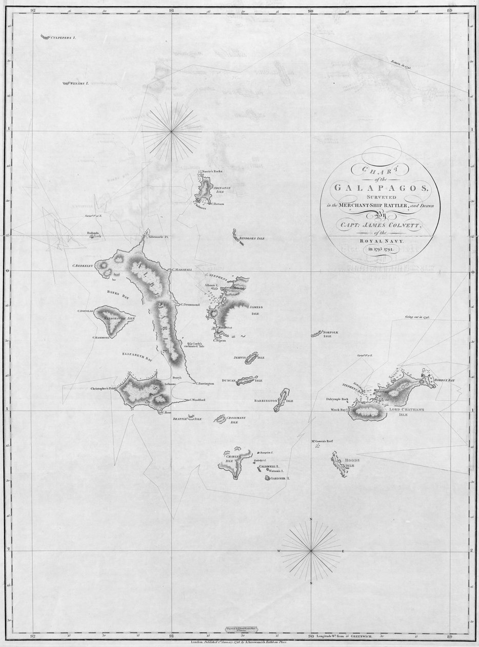 Mapa Galapág, průzkum v chřestýši obchodní lodi od Aaron Arrowsmith