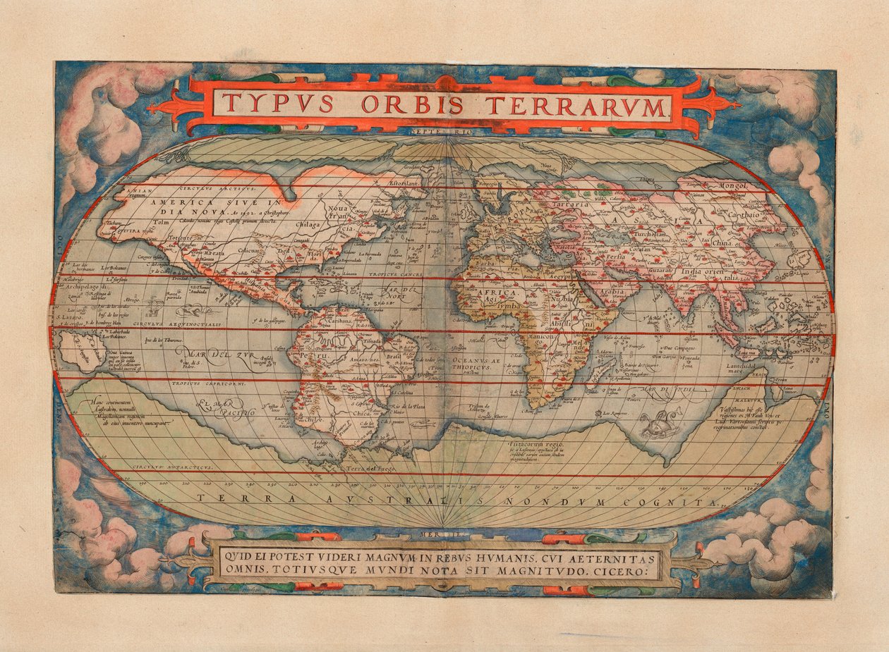Mapa byla publikována v roce (1579) a ukazuje mapu světa od Abraham Ortelius