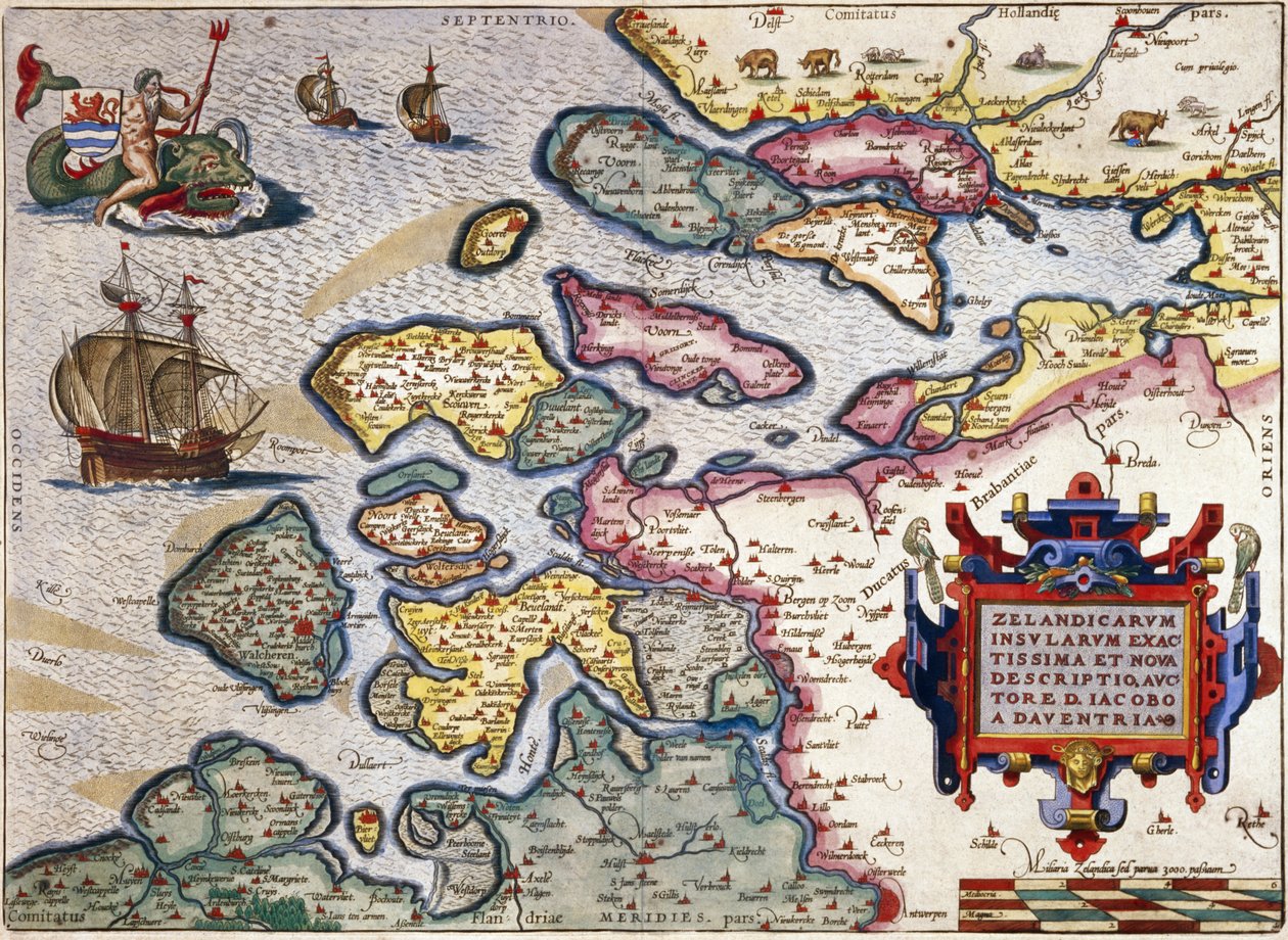 Mapa Zeelandu, cca 1560 (ručně kolorovaná rytina) od Abraham Ortelius