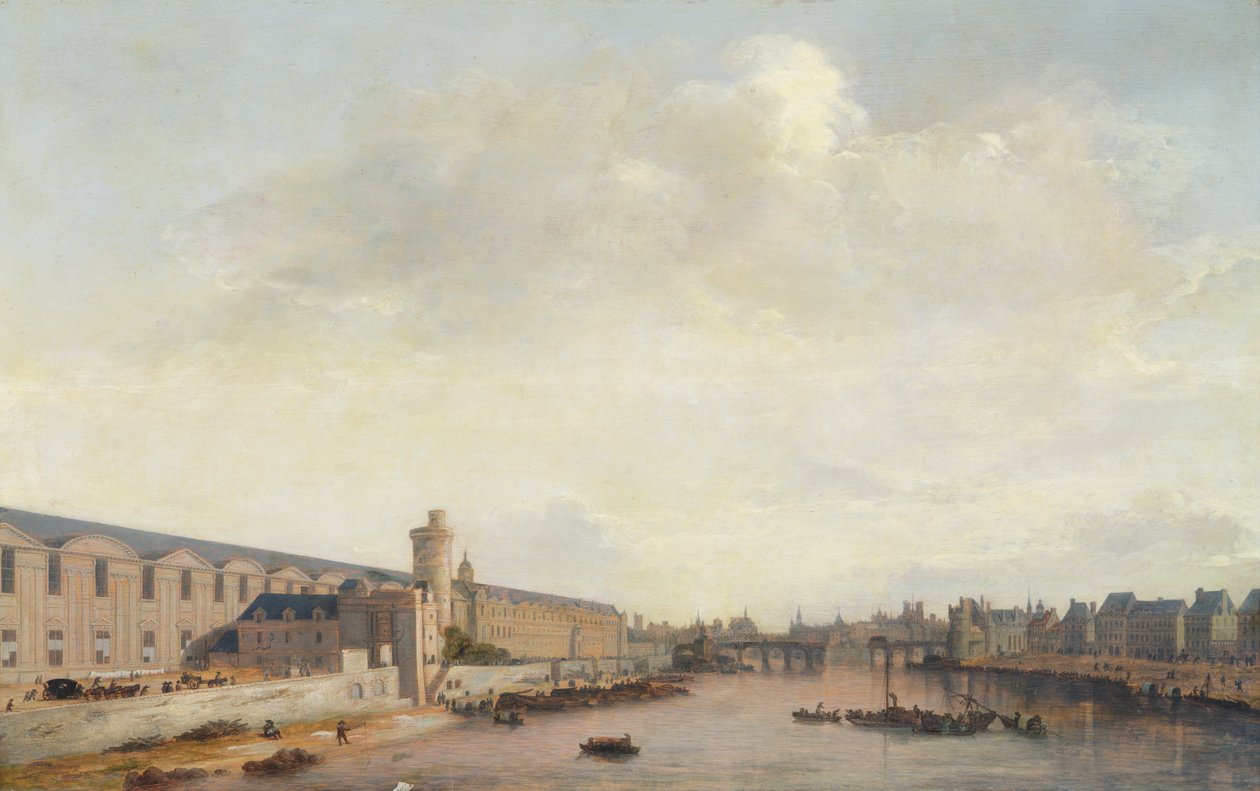 Louvre Grande Galerie, pohled na Paříž z Barbierova mostu, cca 1640 (olej na dřevě) od Abraham de Verwer