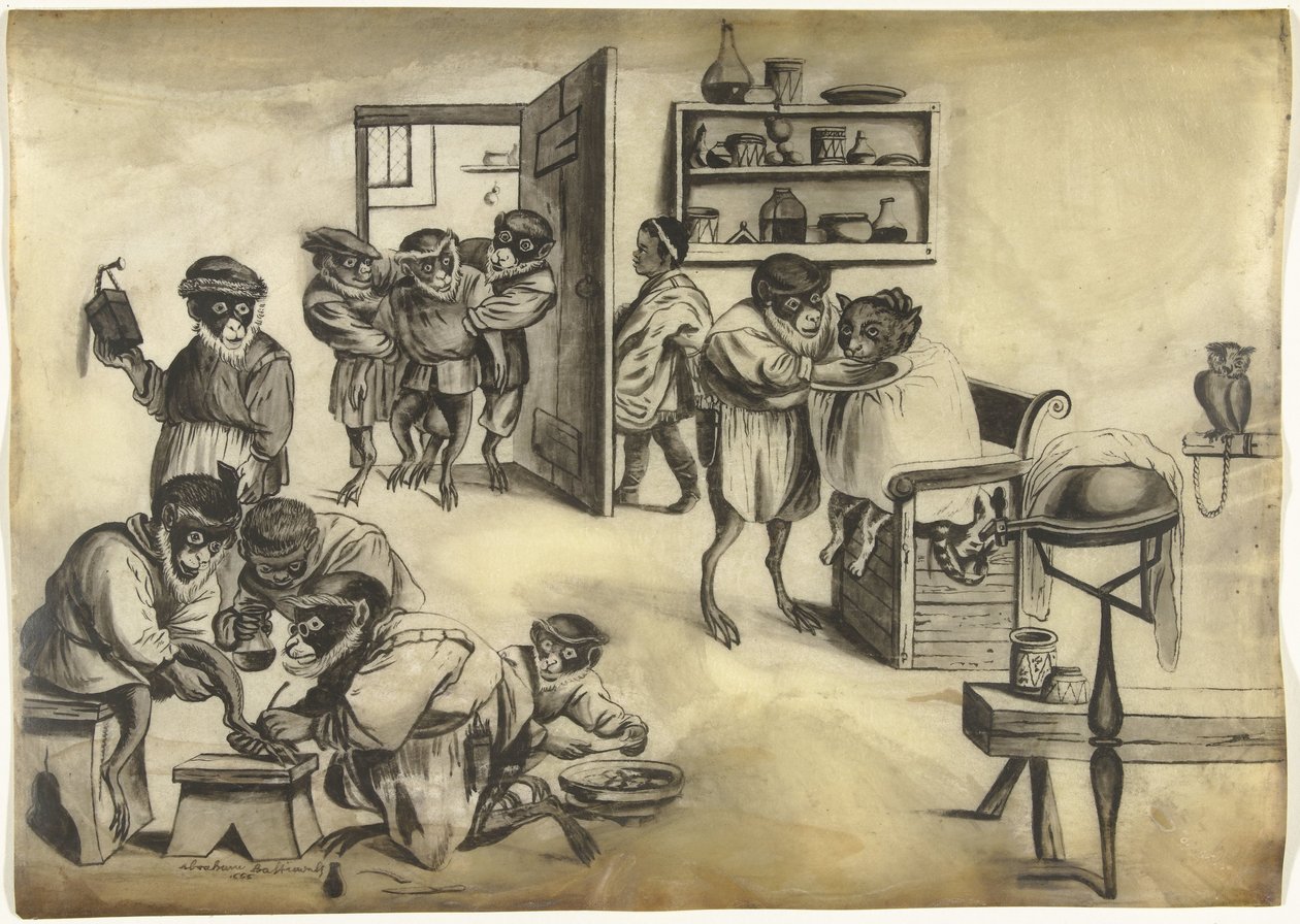 Holičství s opicemi, kolem roku 1720 od Abraham Bastiaensz.