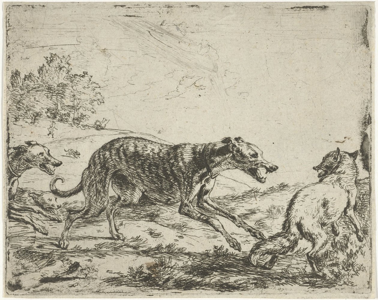 Fox a tři psi od Abraham Danielsz. Hondius