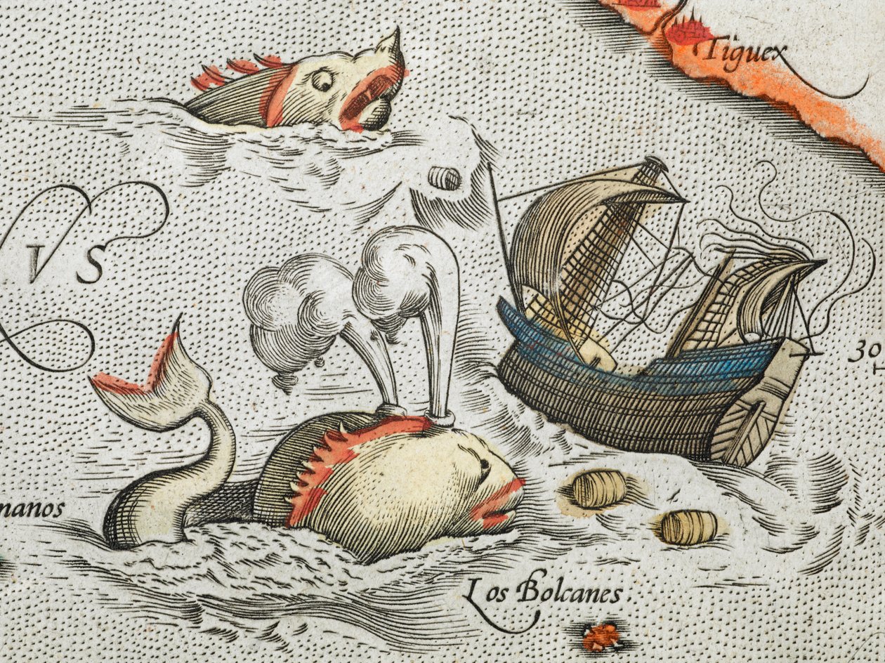 (Detail). Mořské příšery útočí na loď. od Abraham Ortelius