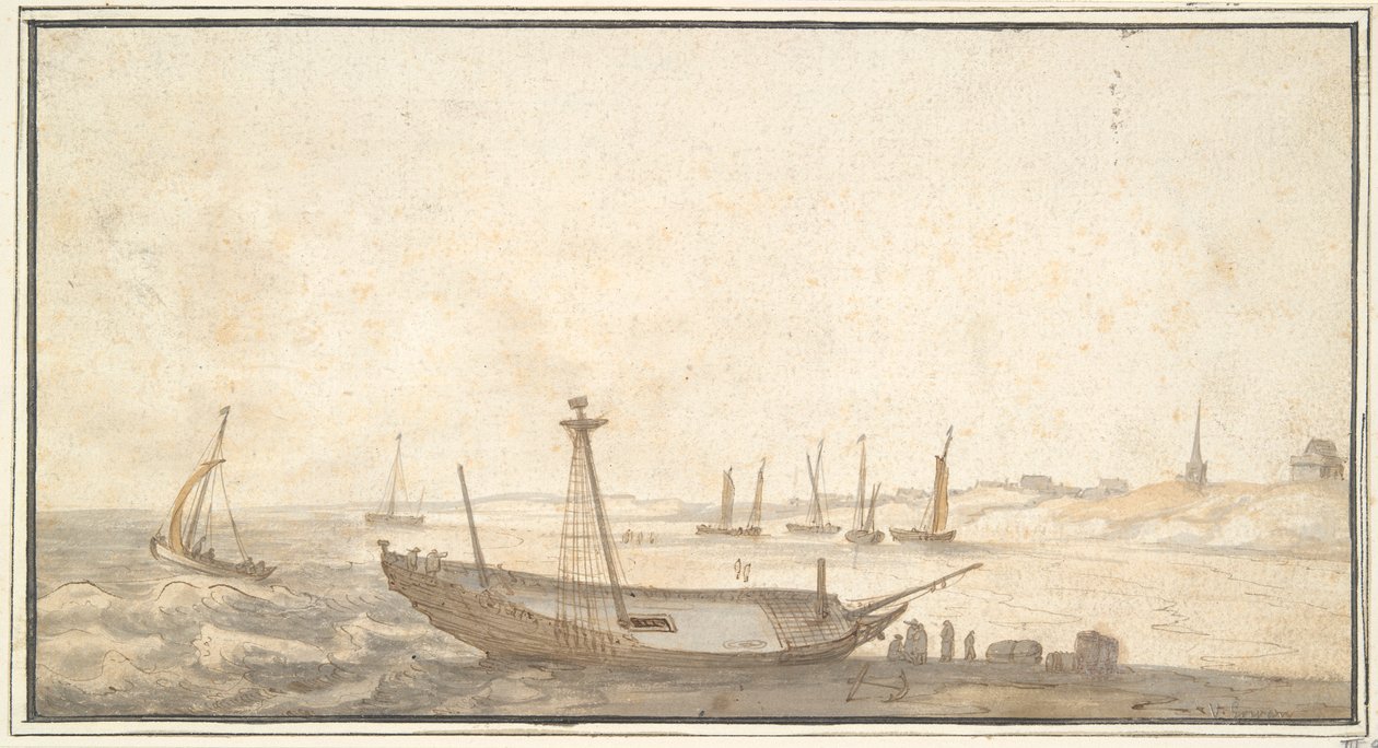 Pláž s loděmi poblíž Scheveningen od Abraham de Verwer