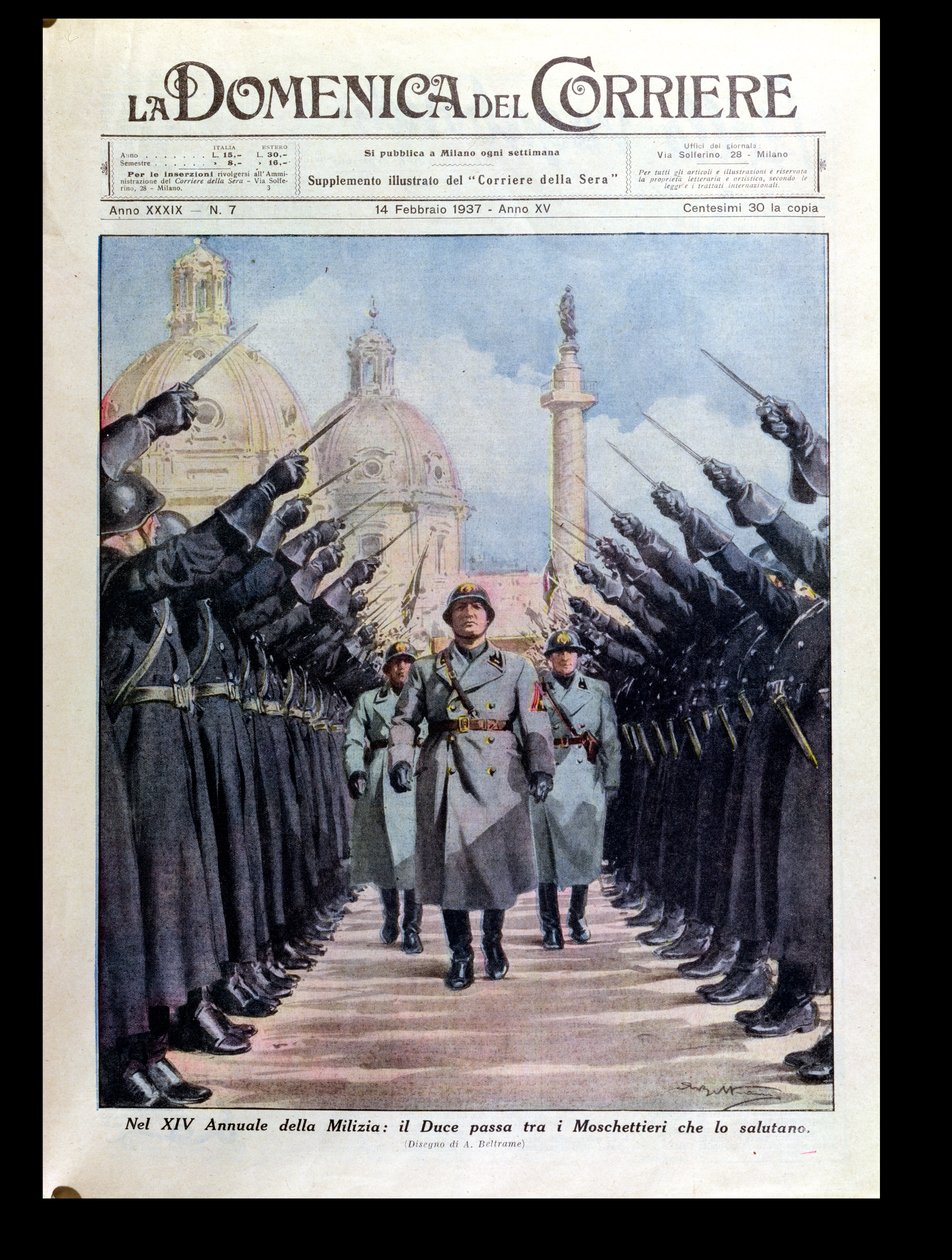 Benito Mussolini (1883-1945) hodnotí milice, z „La Domenica del Corriere“, 14. února 1937 od Achille Beltrame