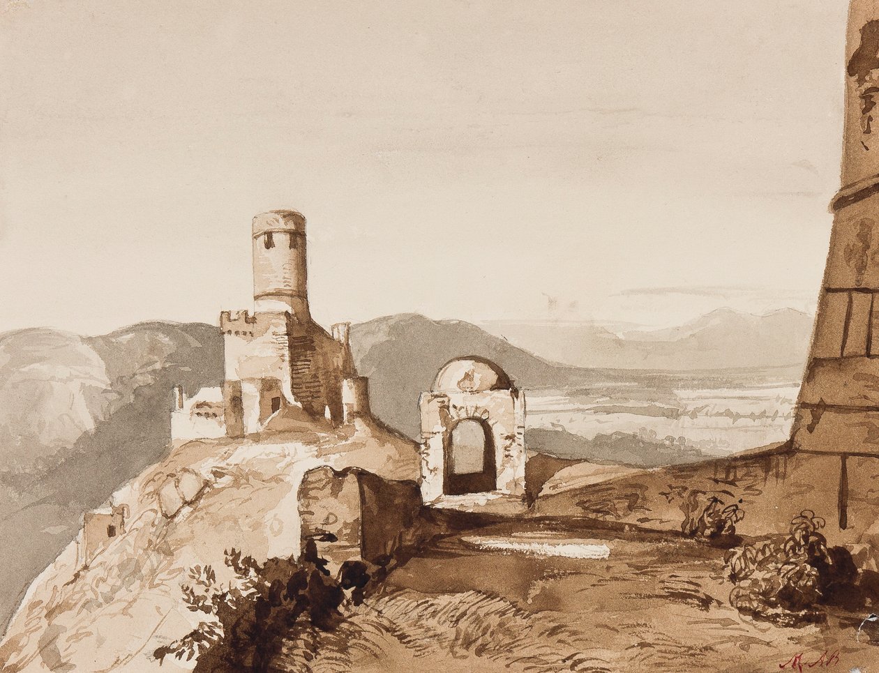 Věž a městské hradby, možná nad Sorrentem, s doplňky princezny Marie Annunziaty di Borbone (1843-1871) (tužka a sépie omývá) od Achille Vianelli