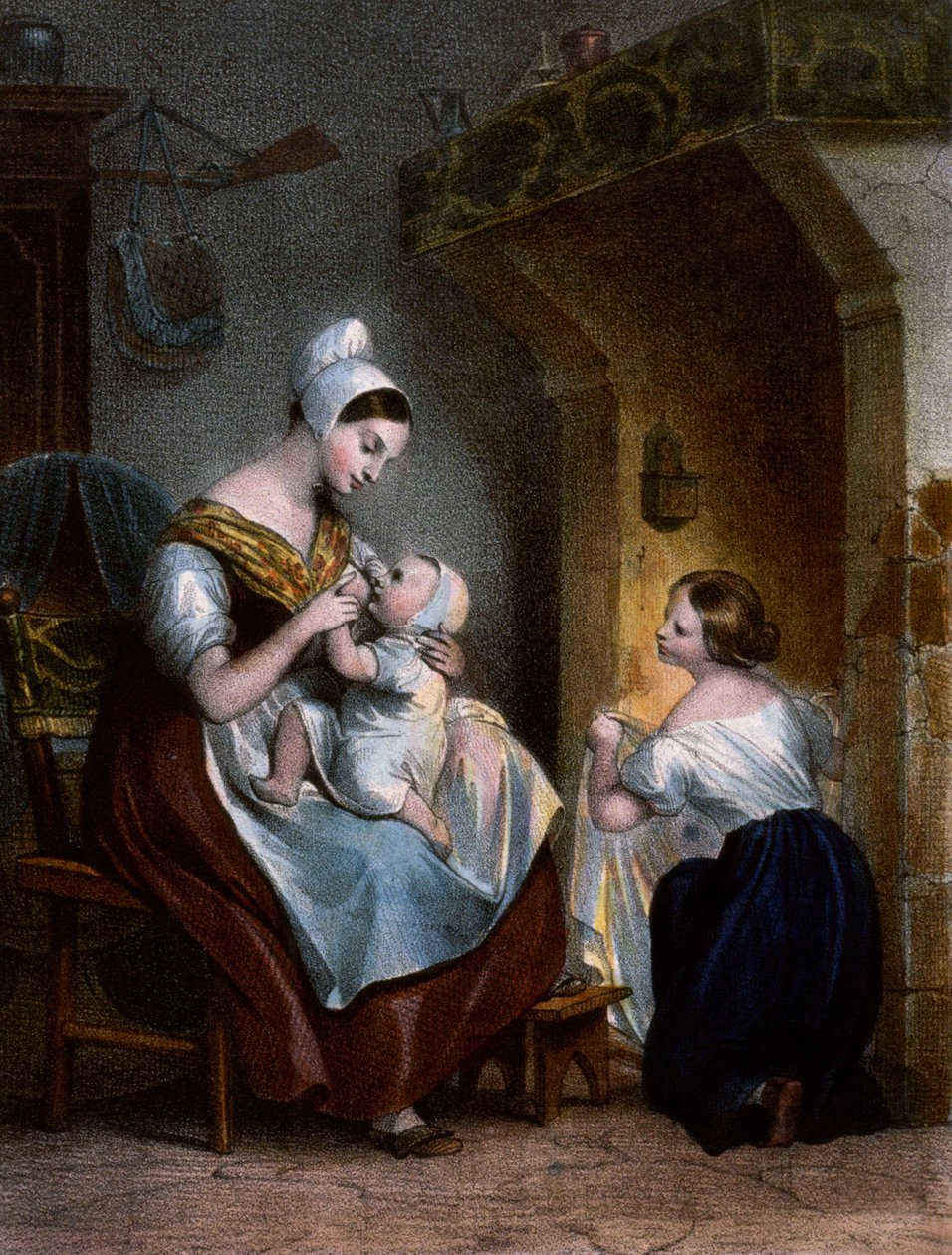 Sestra kojí dítě. Litografie, kolem roku 1850 od Achille Devéria