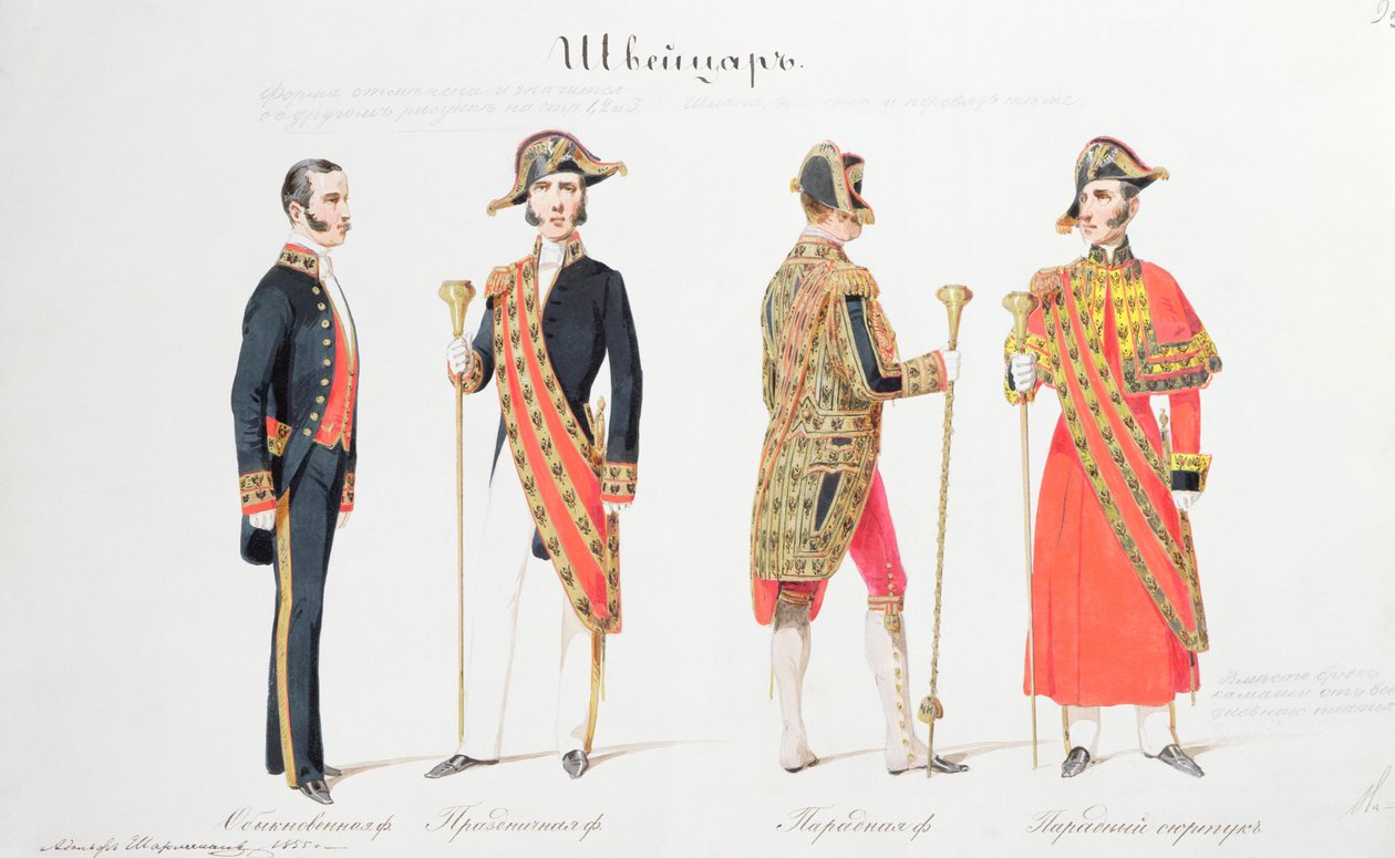 Uniformy ze dvora ruského cara, 1855 (akvarel na papíře) od Adolf Jossifowitsch Charlemagne