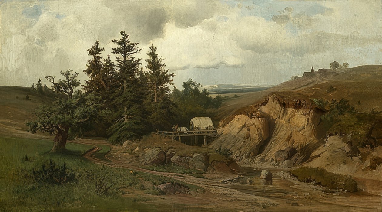 Krajina s dřevěným mostem. 1858 od Adolf Kosárek