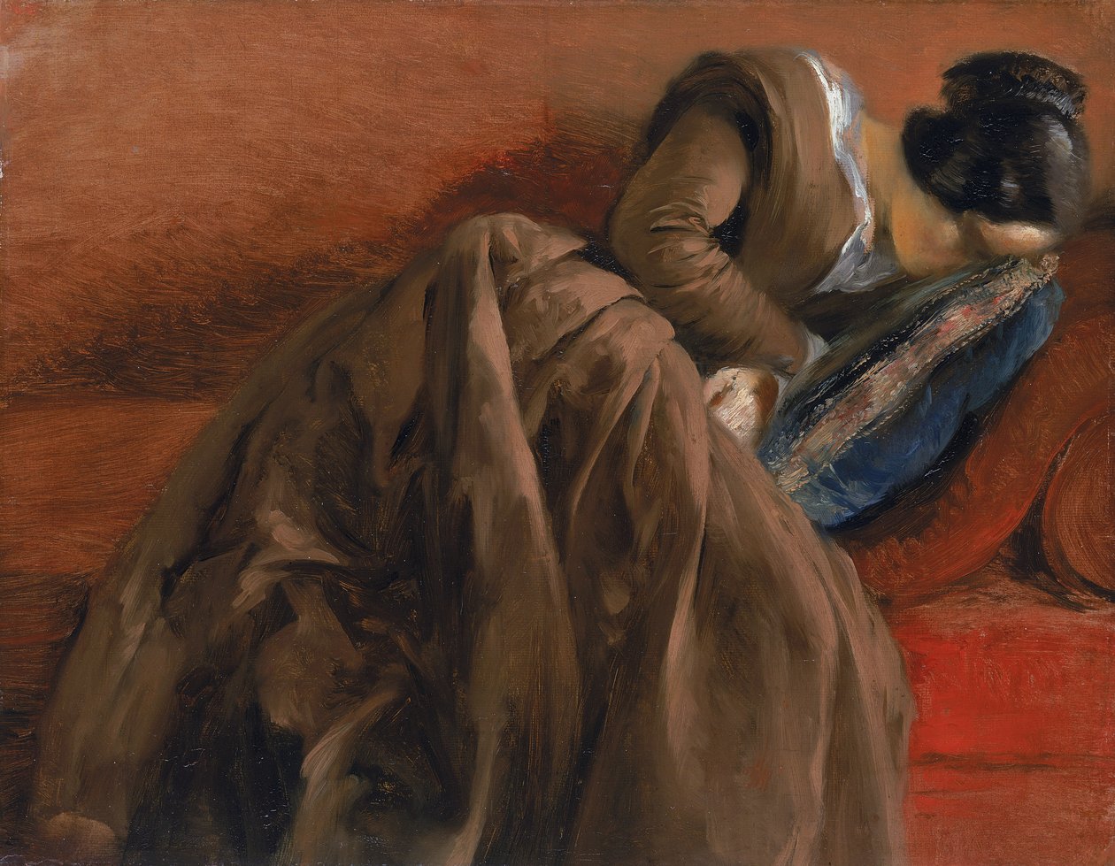 Emilie, umělcova sestra, spí, kolem roku 1848 (olej na papíře připevněné na plátně) od Adolph Menzel
