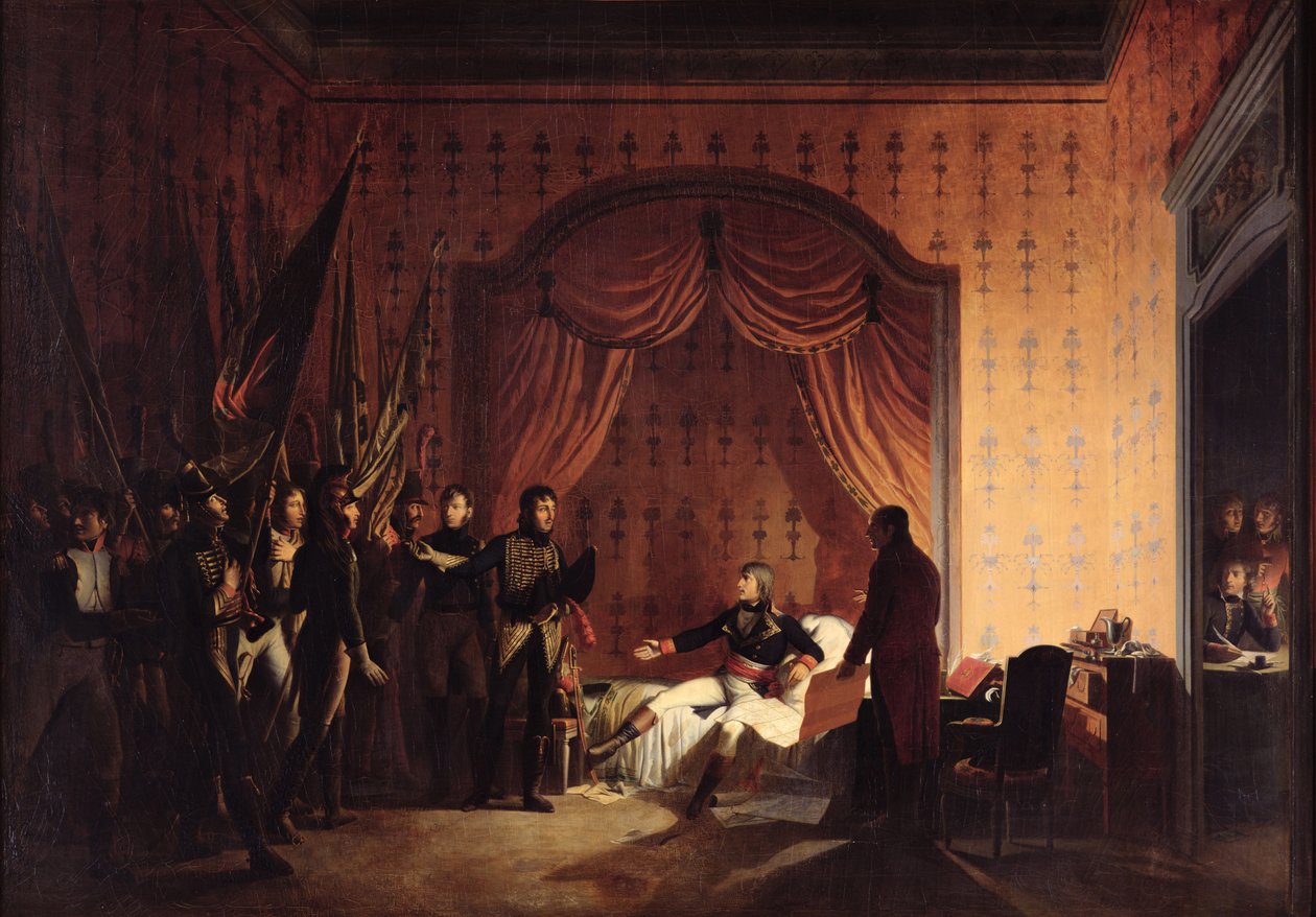 Generál Bonaparte přijímající ukořistěné rakousko-sardinské vlajky v Millesimu po bitvě u Montenotte 13. dubna 1796 od Adolphe Roehn