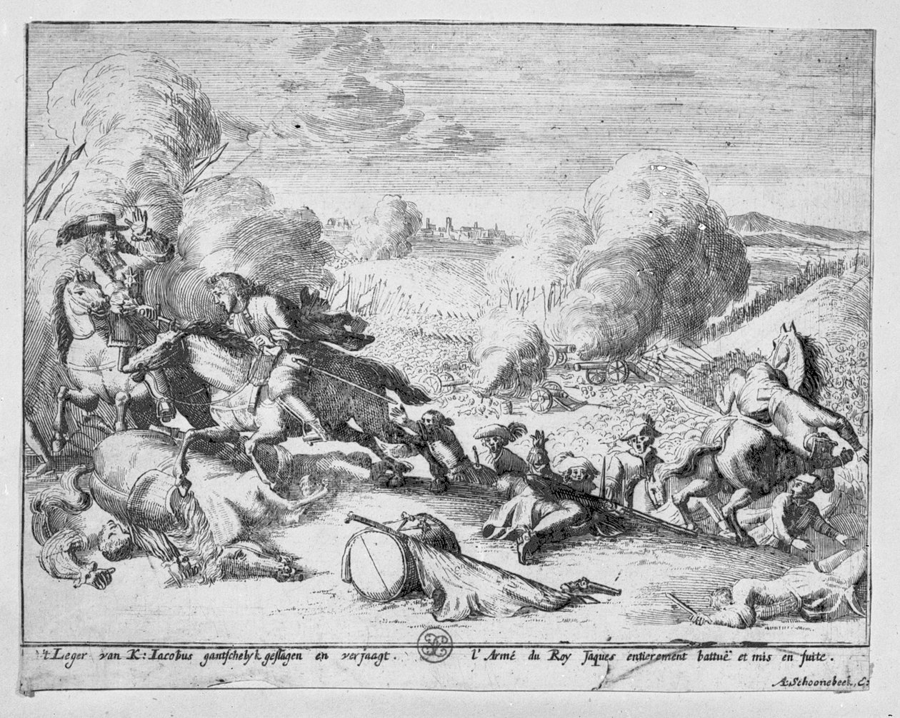 Vojska krále Jamese jsou poražena v bitvě u Boyne a prchají, 1690 od Adriaan Schoonebeek