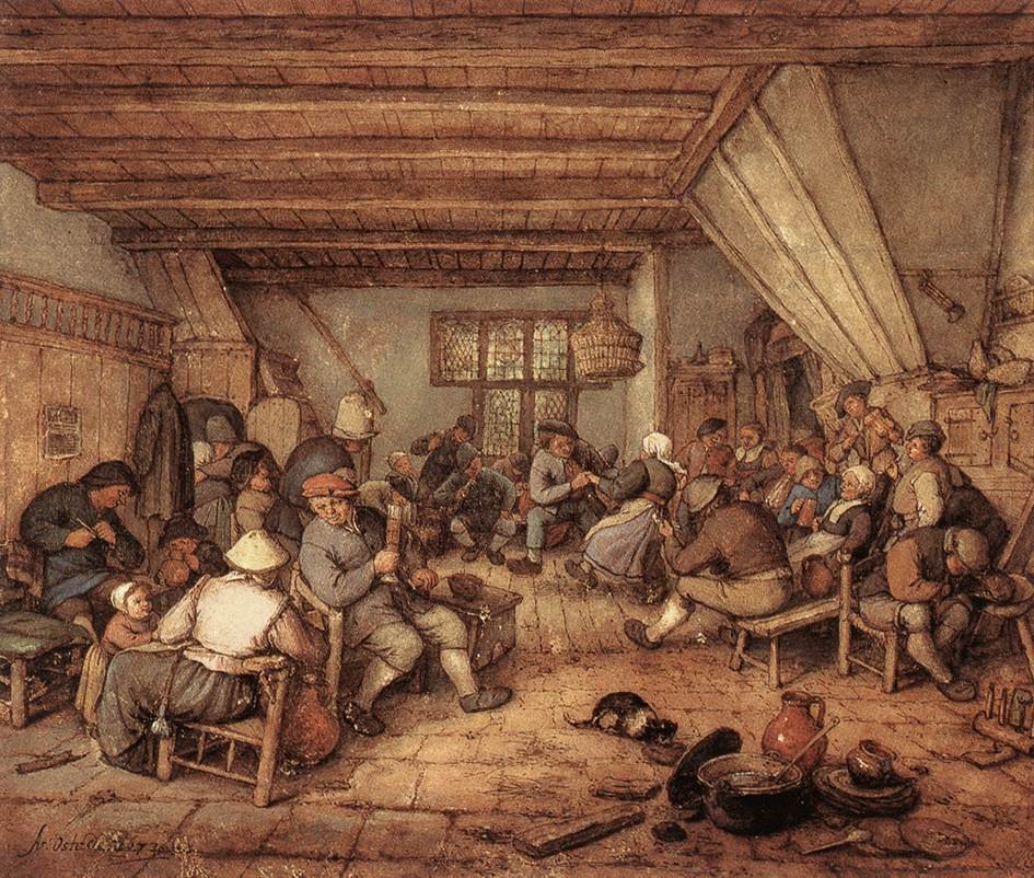 Farmáři tančí, pijí a dělají hudbu v hostinci od Adriaen Jansz. van Ostade