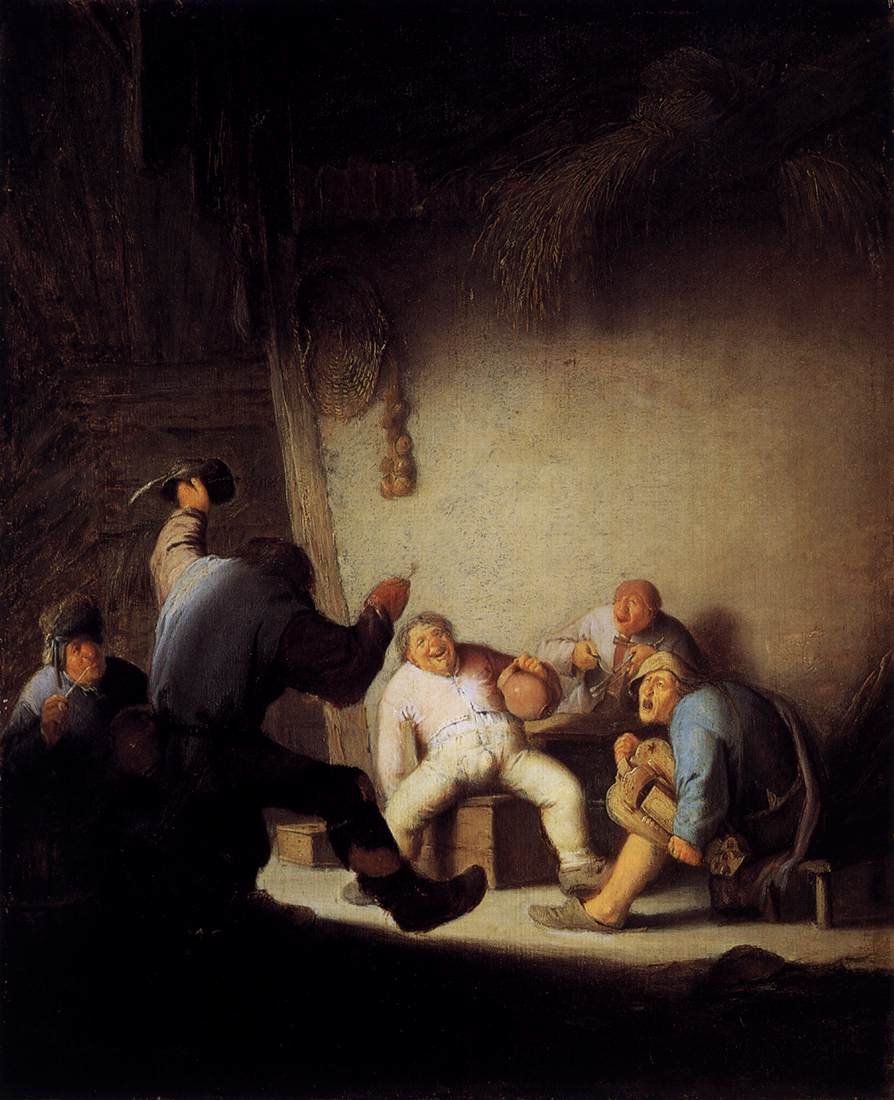 Rolníci pijí a dělají hudbu ve stodole od Adriaen Jansz. van Ostade