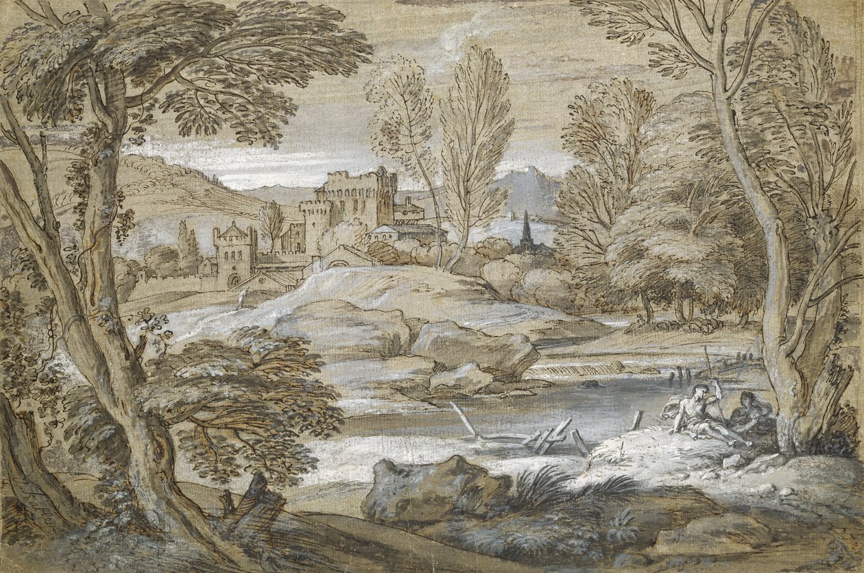 Klasická krajina (pero a indická tuš na papíře) od Adriaen van der Cabel