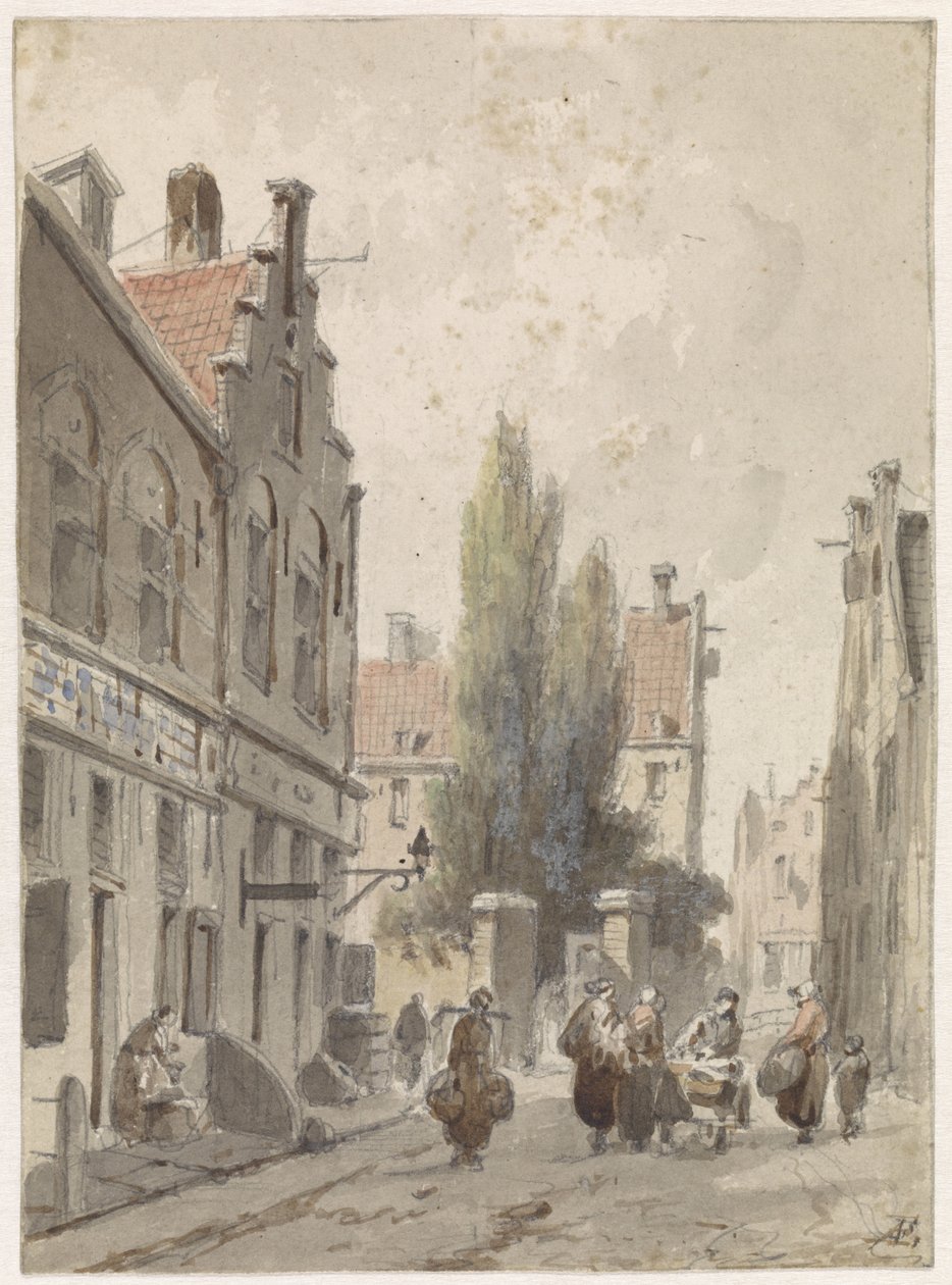 Panoráma města s podomním obchodníkem od Adrianus Eversen