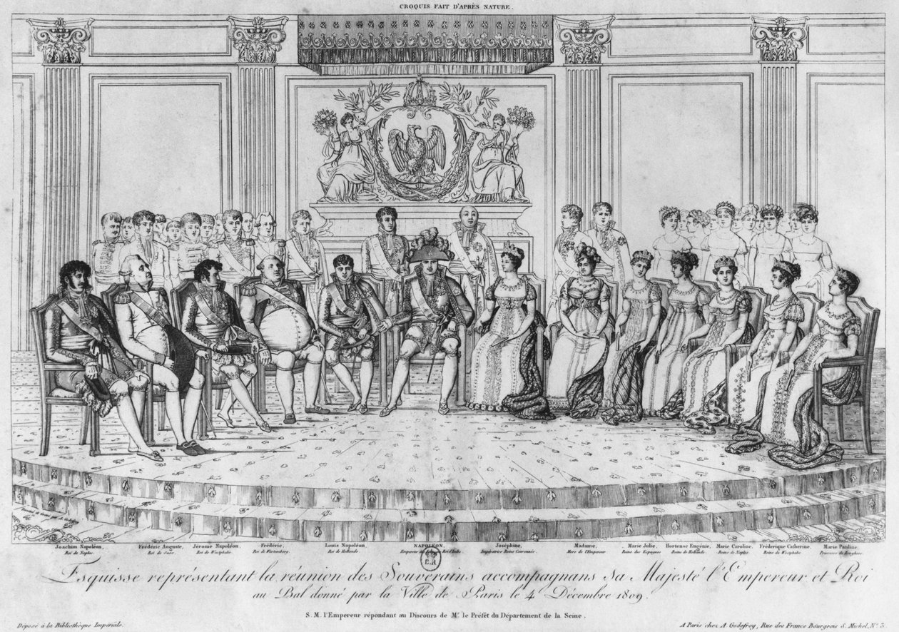 Náčrt zobrazující Napoleona I. a panovníky na plese pořádaném městem Paříž 4. prosince 1809 od Adrien Pierre Francois Godefroy
