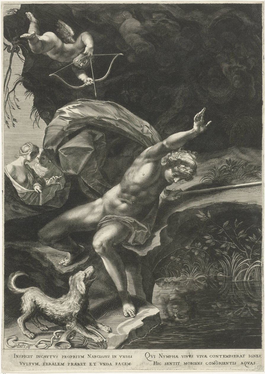 Narcis u studny Herkules a Cerberus od Egidius  Sadeler (II)
