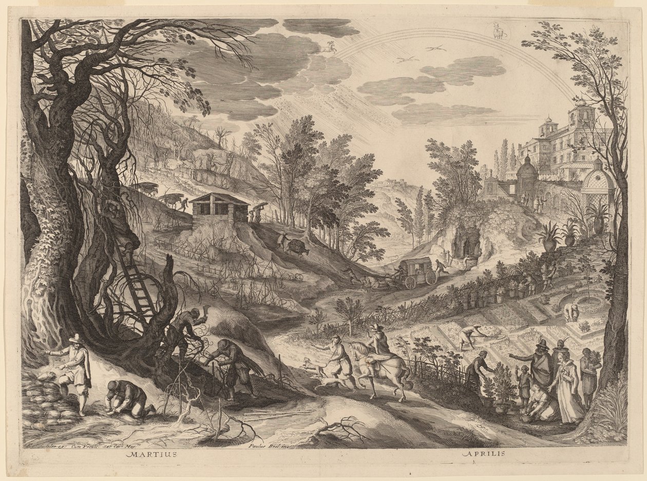 březen a duben od Aegidius Sadeler II after Paul Bril