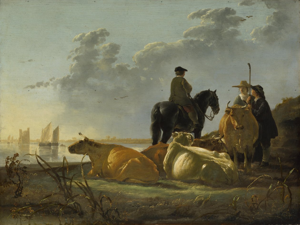 Rolníci se čtyřmi kravami u řeky Merwede od Aelbert Cuyp