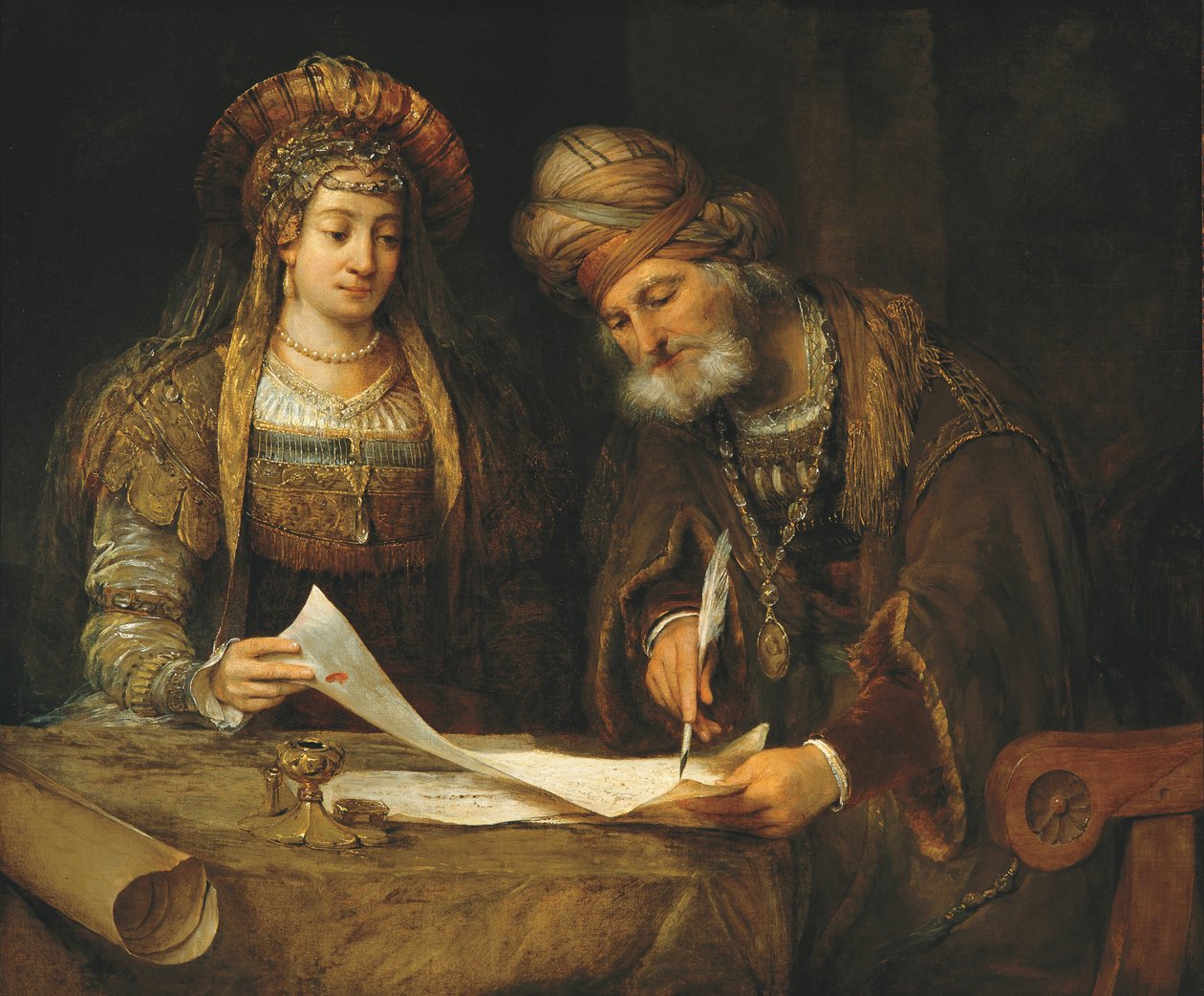 Esther a Mordecai píší první Purimův dopis od Aernt de Gelder