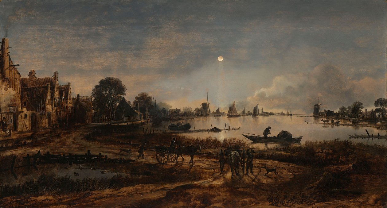 River View by Moonlight, cca 1640-50 od Aert van der Neer