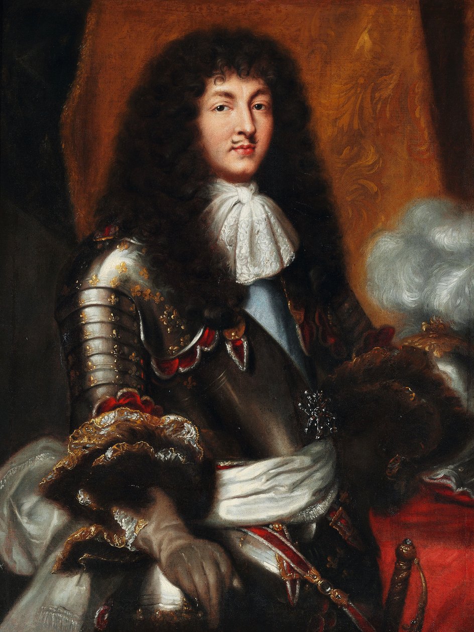Louis XIV s tmavou parukou a brněním s plným dnem od Pierre Mignard