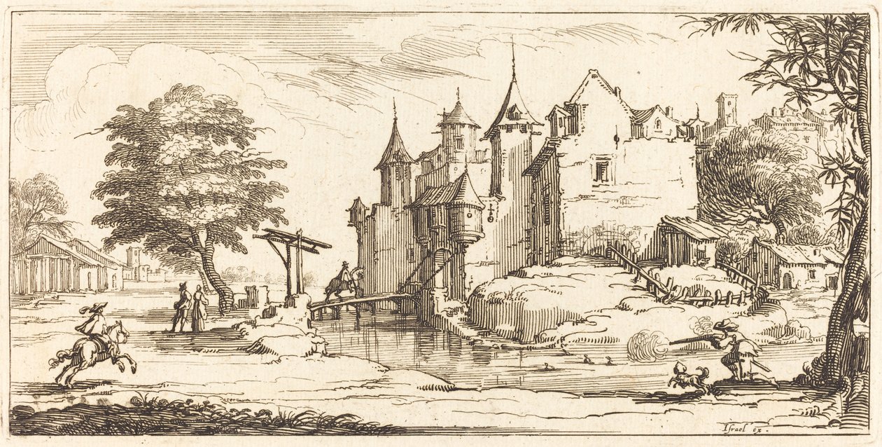 Zámek s padacím mostem od After Jacques Callot