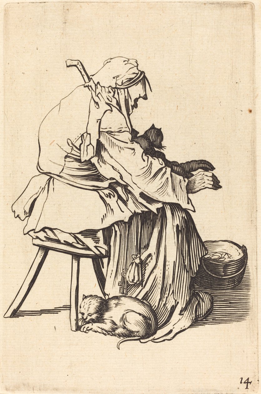 Stará žena s kočkami od After Jacques Callot