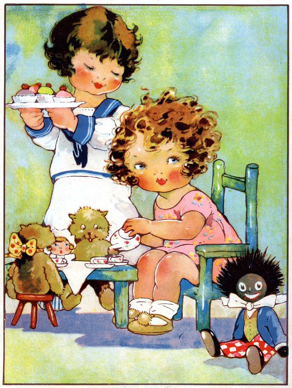 Holčičky hrající na jídelní kout, kolem roku 1920 (ilustrace od Agnes Richardson