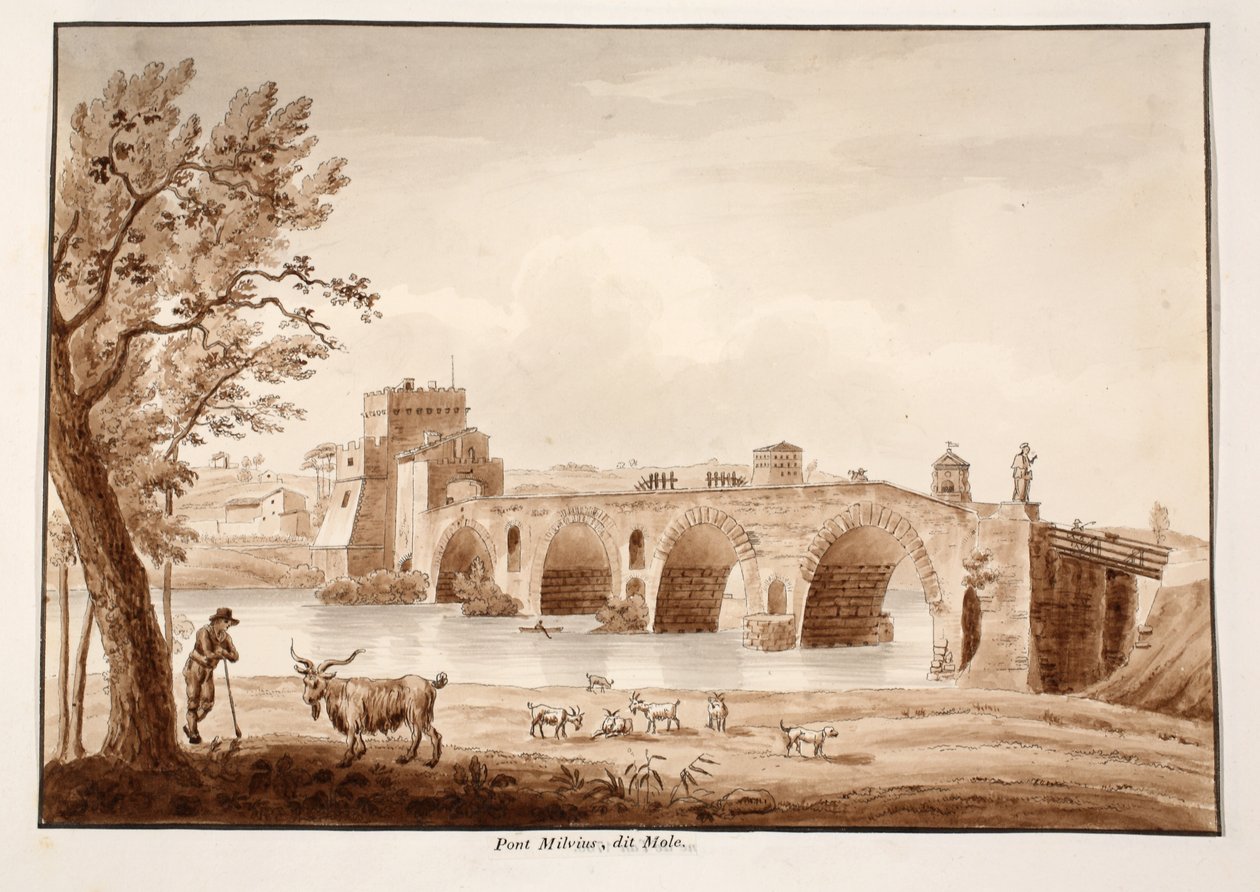 Ponte Milvio nebo Ponte Molle, 1833 (leptání s hnědým lavírováním) od Agostino Tofanelli