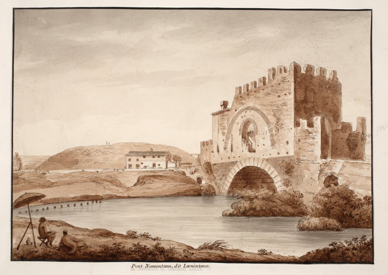 Ponte Nomentano, nebo Lamentano, 1833 (leptání s hnědým lavírováním) od Agostino Tofanelli