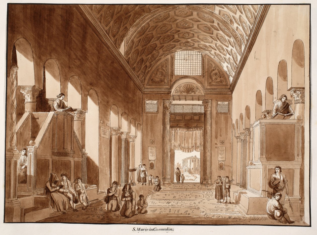 Santa Maria in Cosmedin, 1833 (lept s hnědým lavírováním) od Agostino Tofanelli