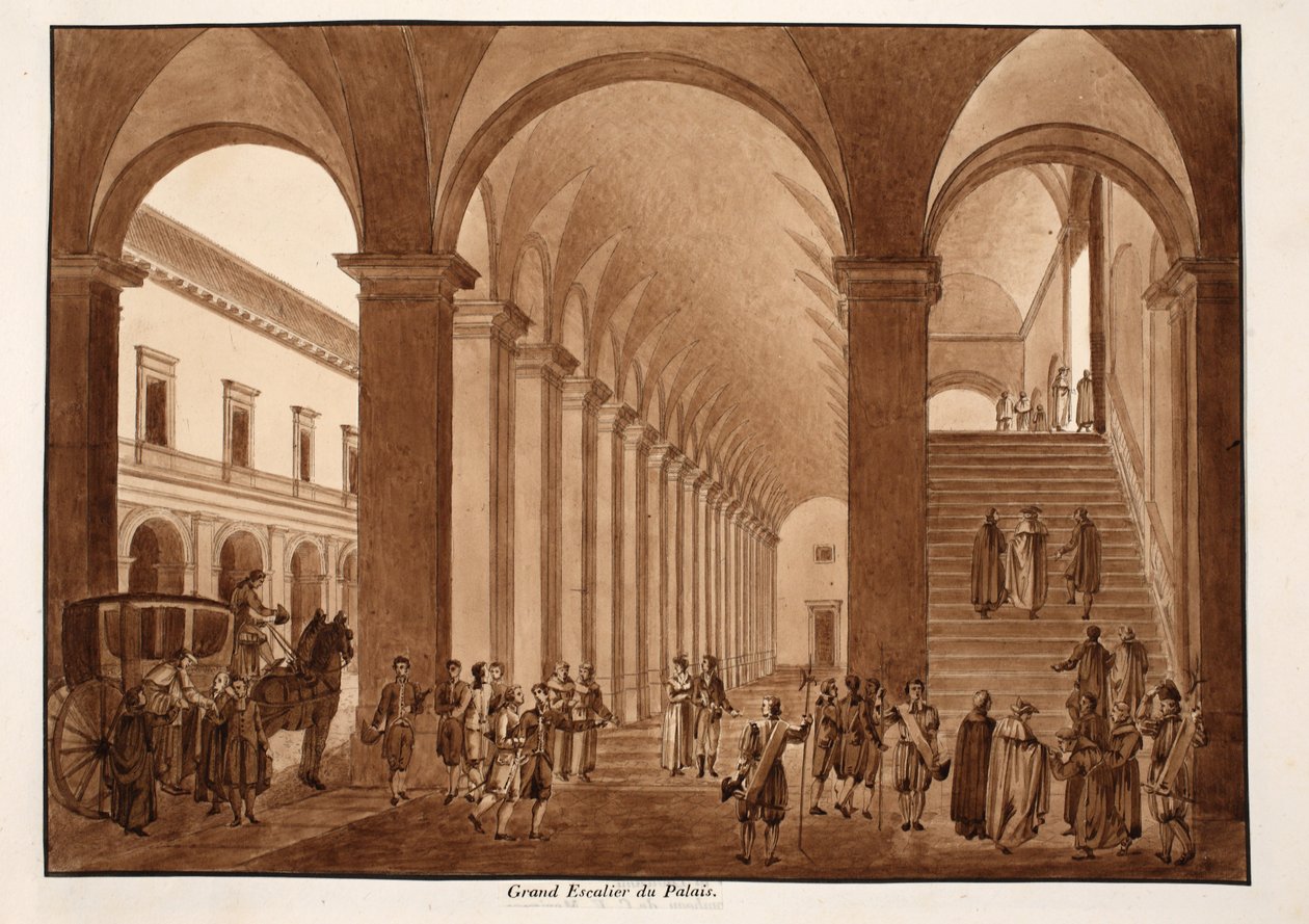 Hlavní schodiště paláce Palazzo del Quirinale, 1833 (lept s hnědým lakem) od Agostino Tofanelli