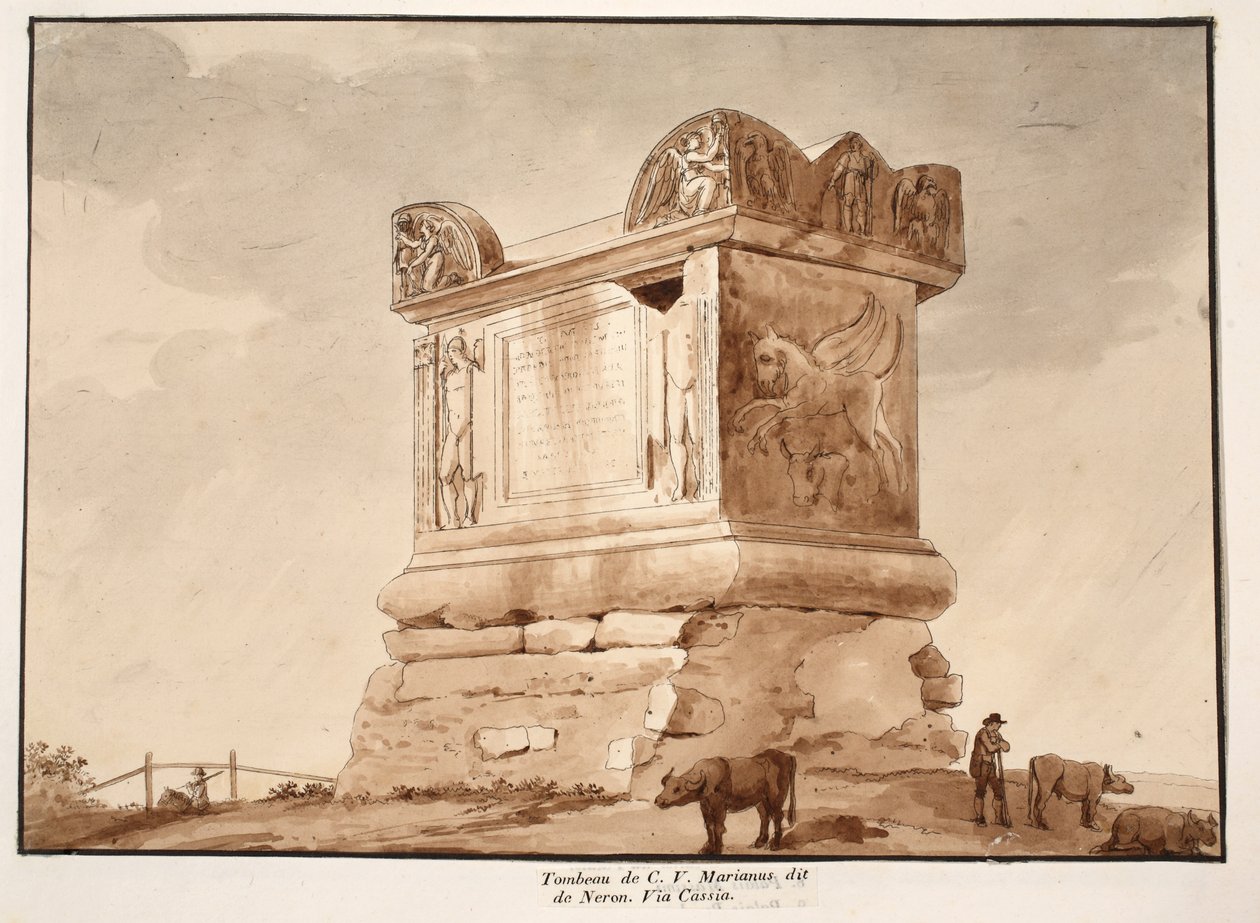 Hrobka C.V. Marianus, známá také jako Neronova hrobka. Via Cassia, 1833 (lept s hnědým lakem) od Agostino Tofanelli