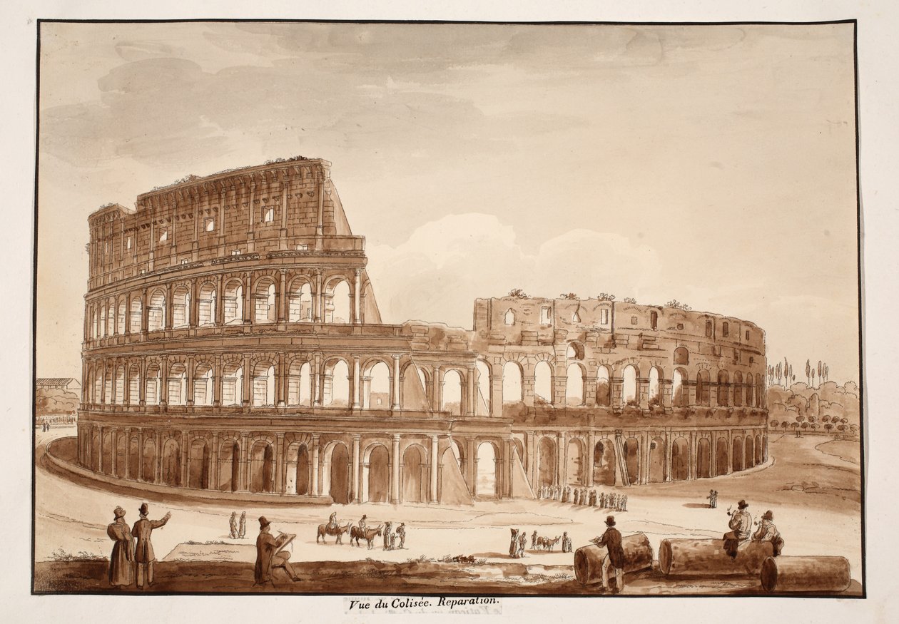 Pohled na Koloseum během restaurování, 1833 (lept s hnědým lavírováním) od Agostino Tofanelli