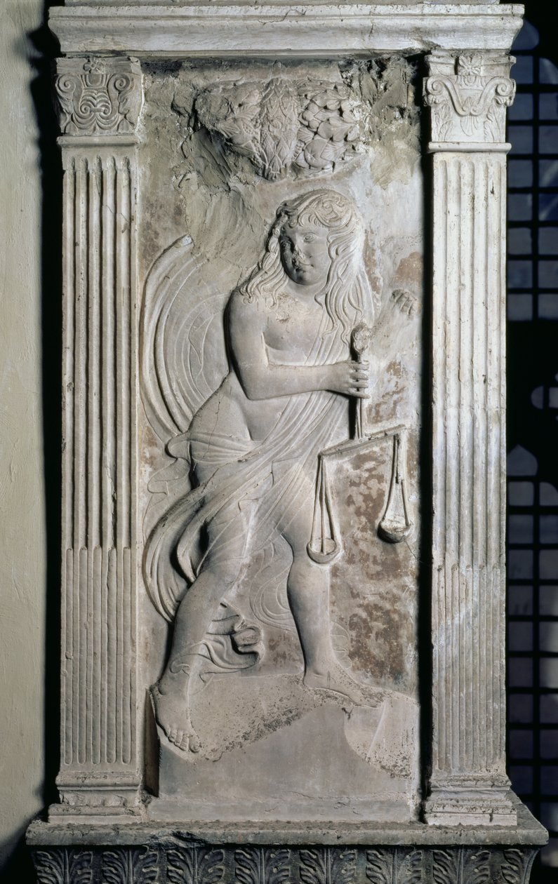 Váhy reprezentované mladíkem držícím váhy ze série reliéfů zobrazujících planetární symboly a znamení zvěrokruhu, kolem 1450 (omítka) od Agostino di Duccio
