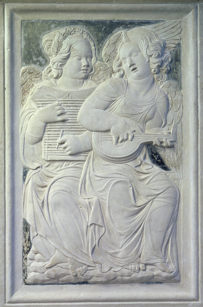 Dva putti z vlysu hudebních andělů v kapli Isotta degli Atti, kolem roku 1450 (mramor) od Agostino di Duccio