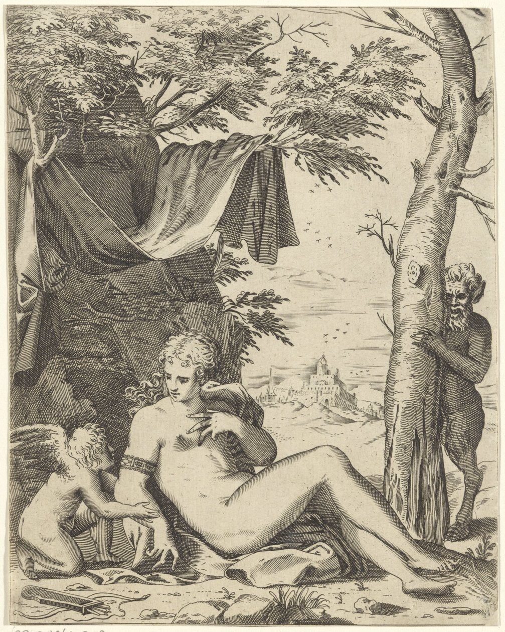 Venuše, láska v sateru od Agostino Carracci (attributed to)