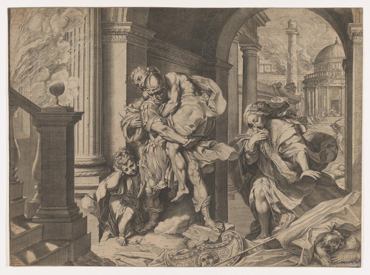 Aeneas a jeho rodina prchající z Tróje, 1595. od Agostino Carracci