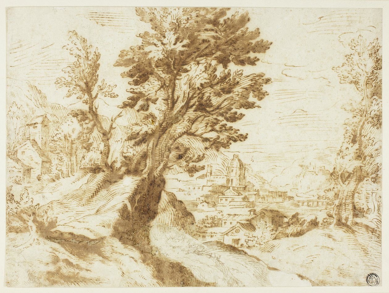 Kopcovitá krajina s městem v dálce od Agostino Carracci