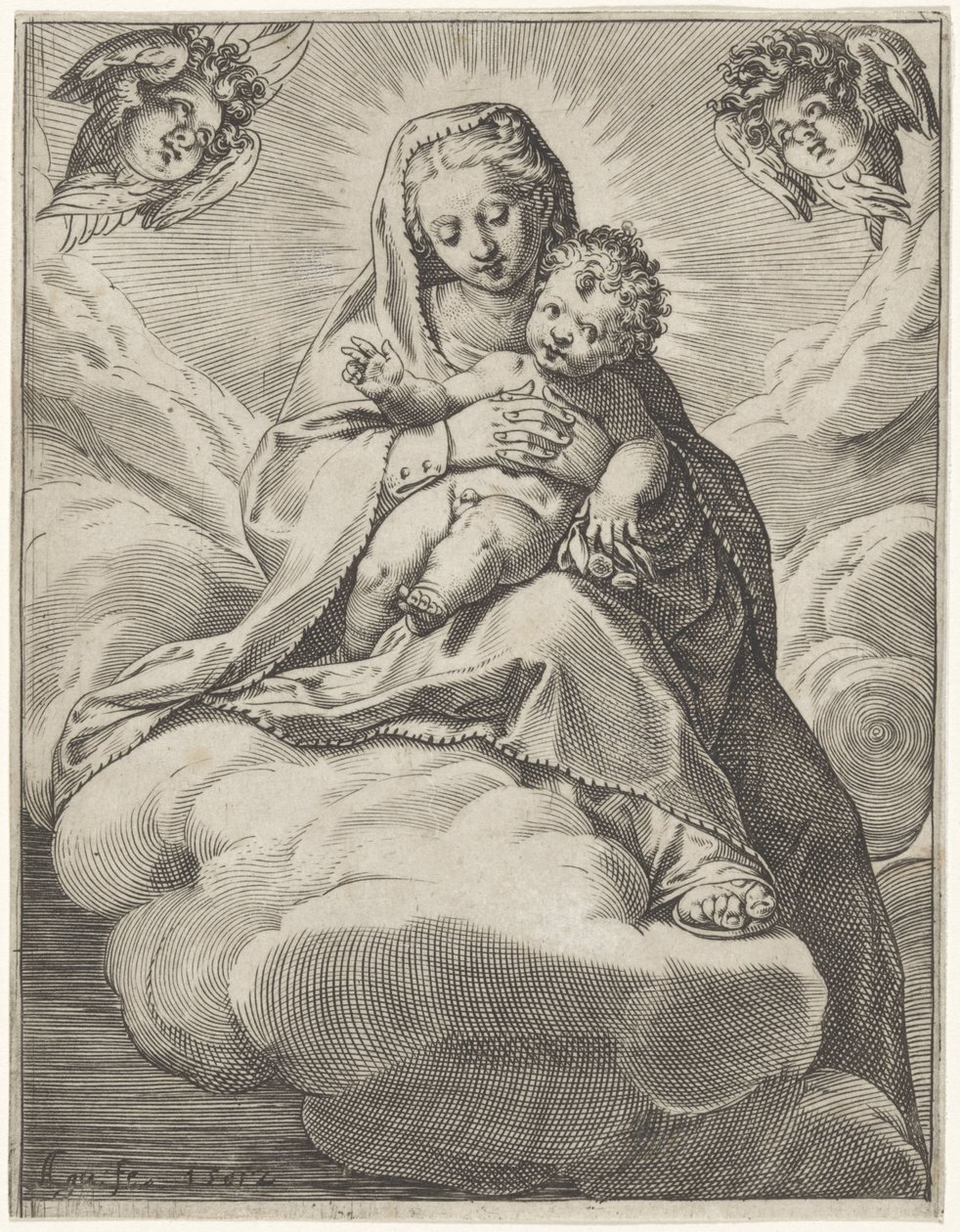 Marie s dítětem v oblacích od Agostino Carracci