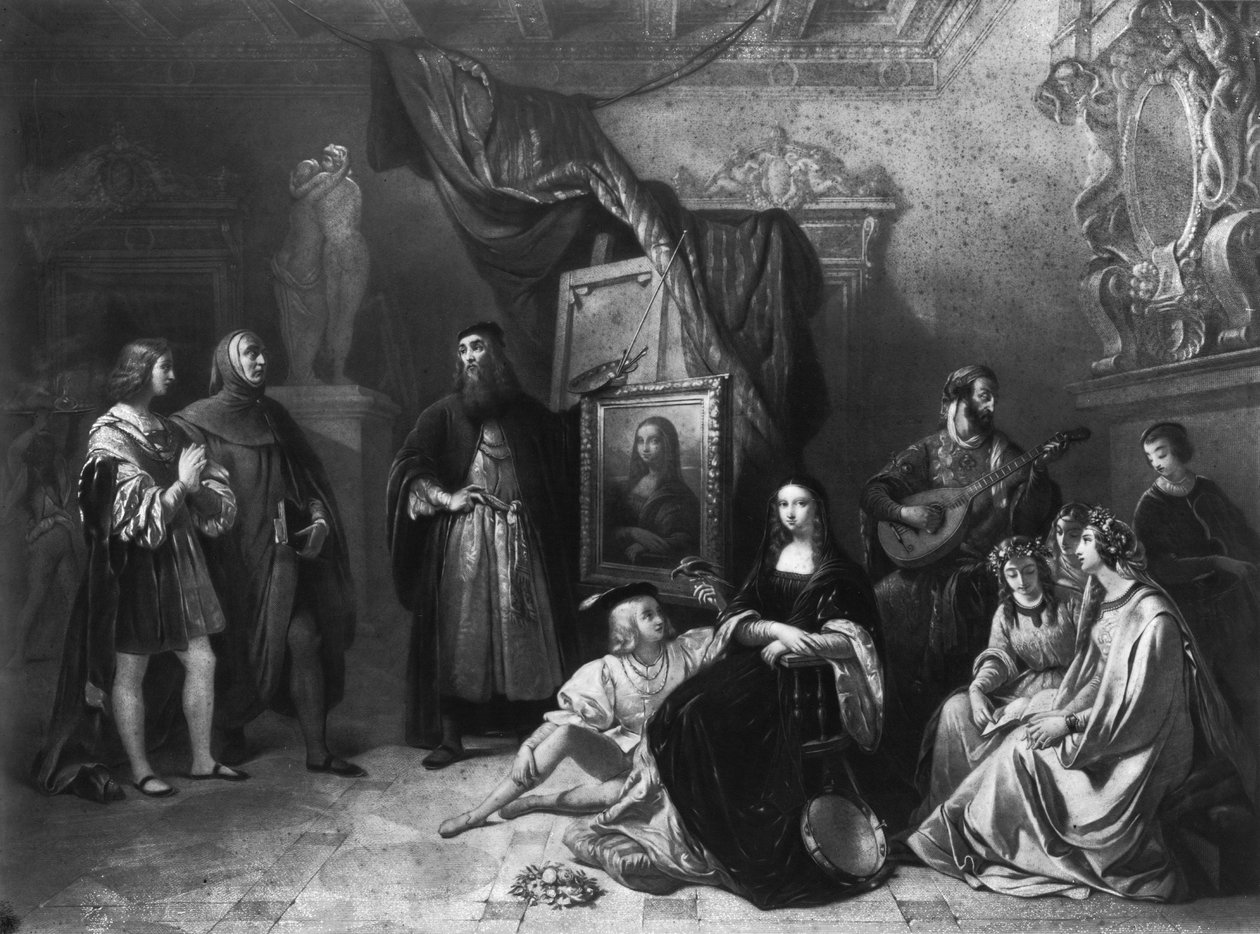 Leonardo da Vinci (1452-1519) maluje Giocondu, vyryl Lemoine, 1845 od Aimee Brune