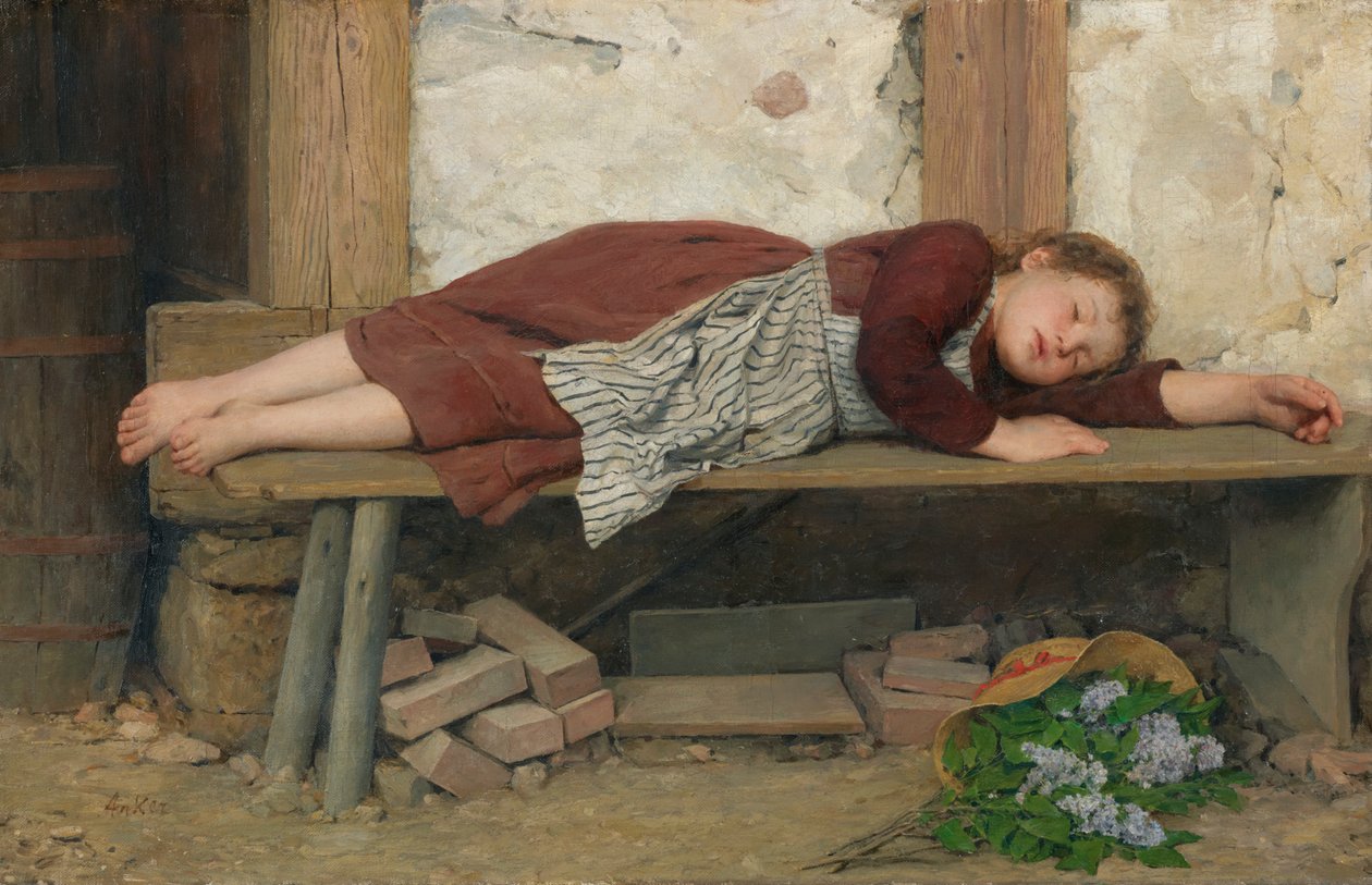 Spící dívka na dřevěné lavici od Albert Anker