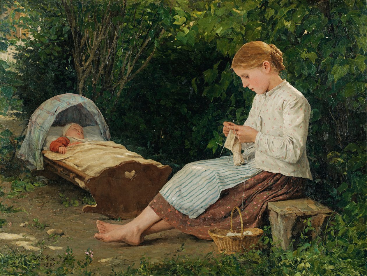 Pletená dívka, batole v kolébce od Albert Anker
