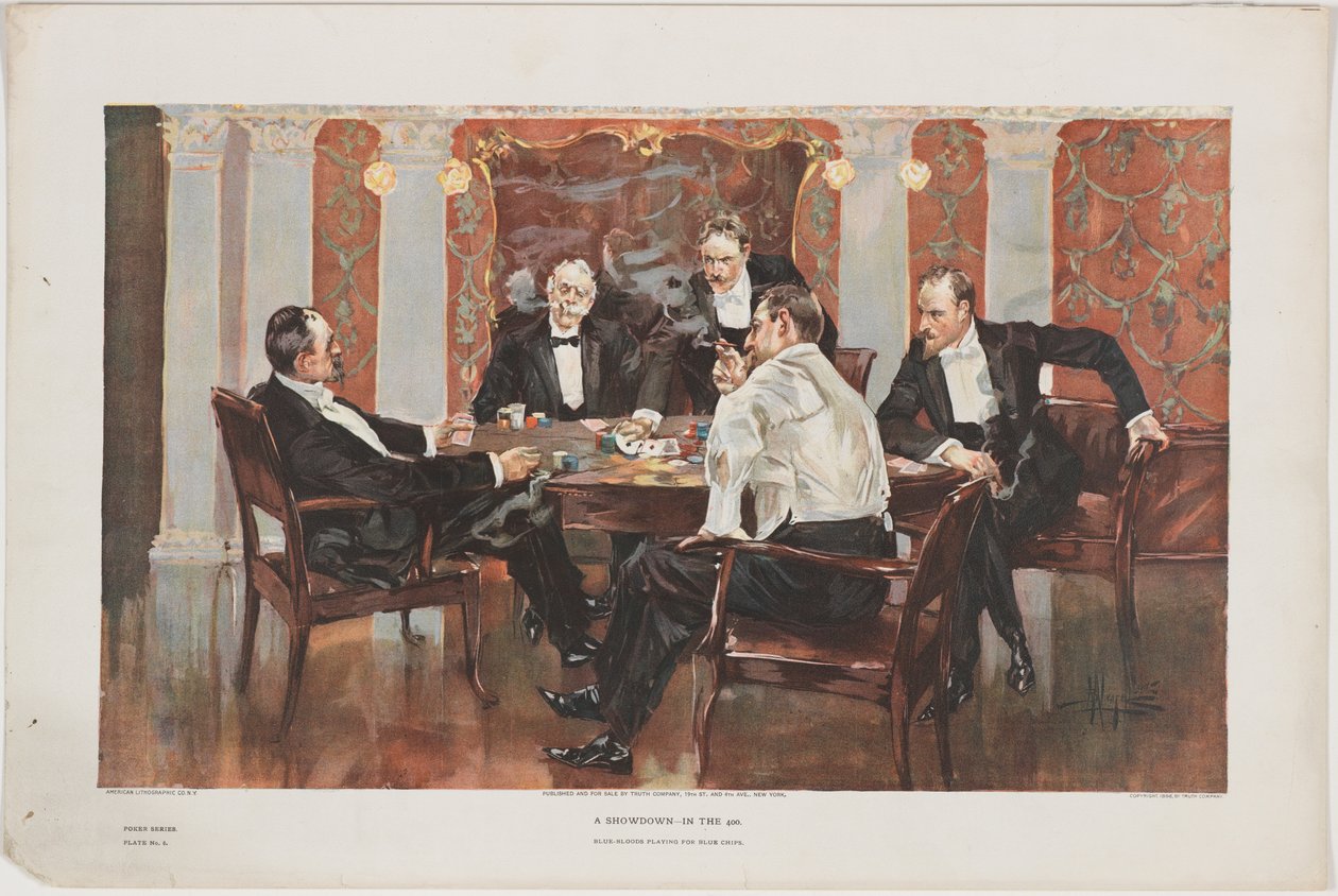 A Showdown - In the 400. Blue-Bloods Playing for Blue Chips, deska 6 z pokerové série, hospoda. od Truth Company, New York, 1895 od Albert Beck Wenzell