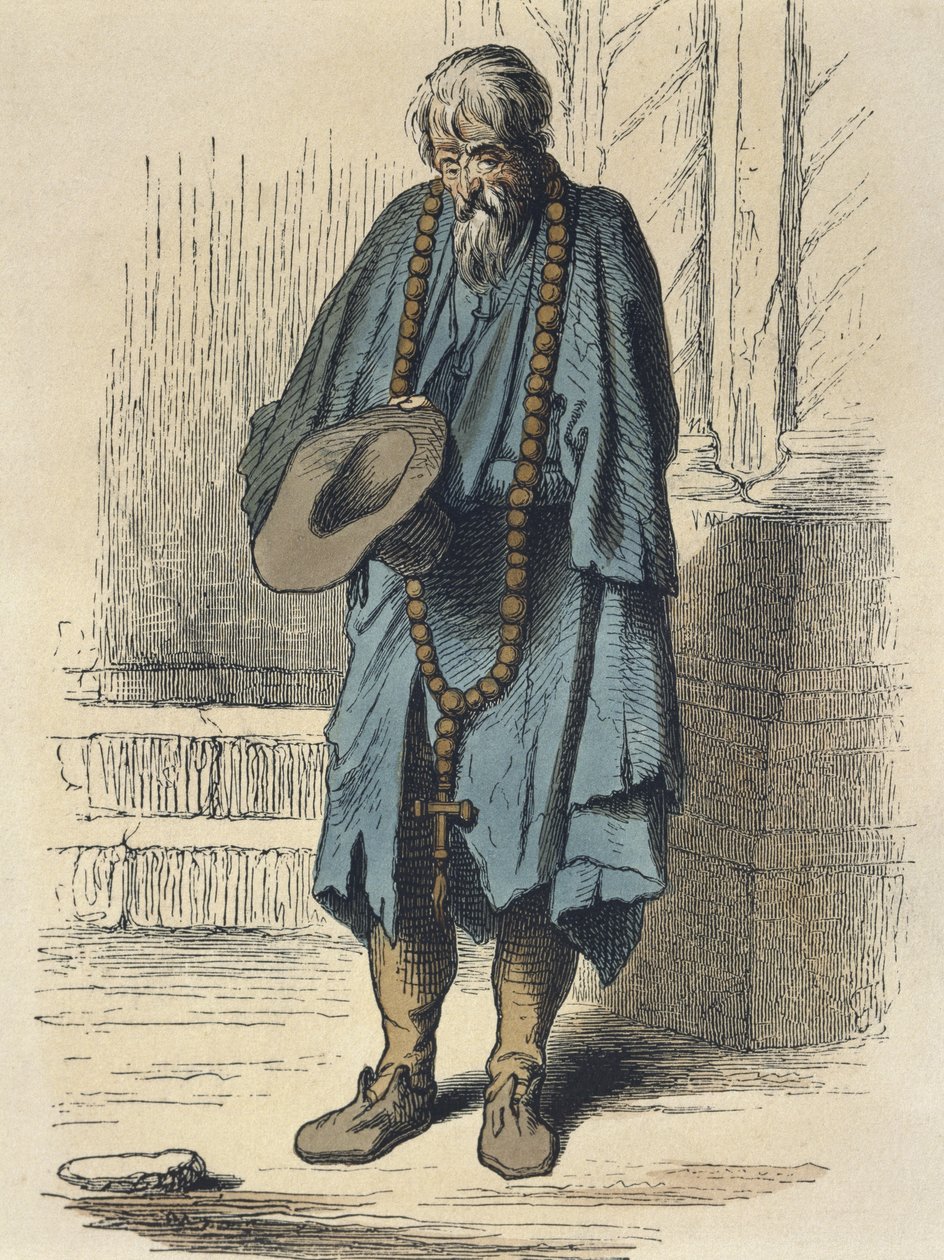 Žebrák, podle Jacquese Callota (1592-1635) ryl Adrien Lavieille (1818-62) (barevná rytina) od Albert Charles August Racinet