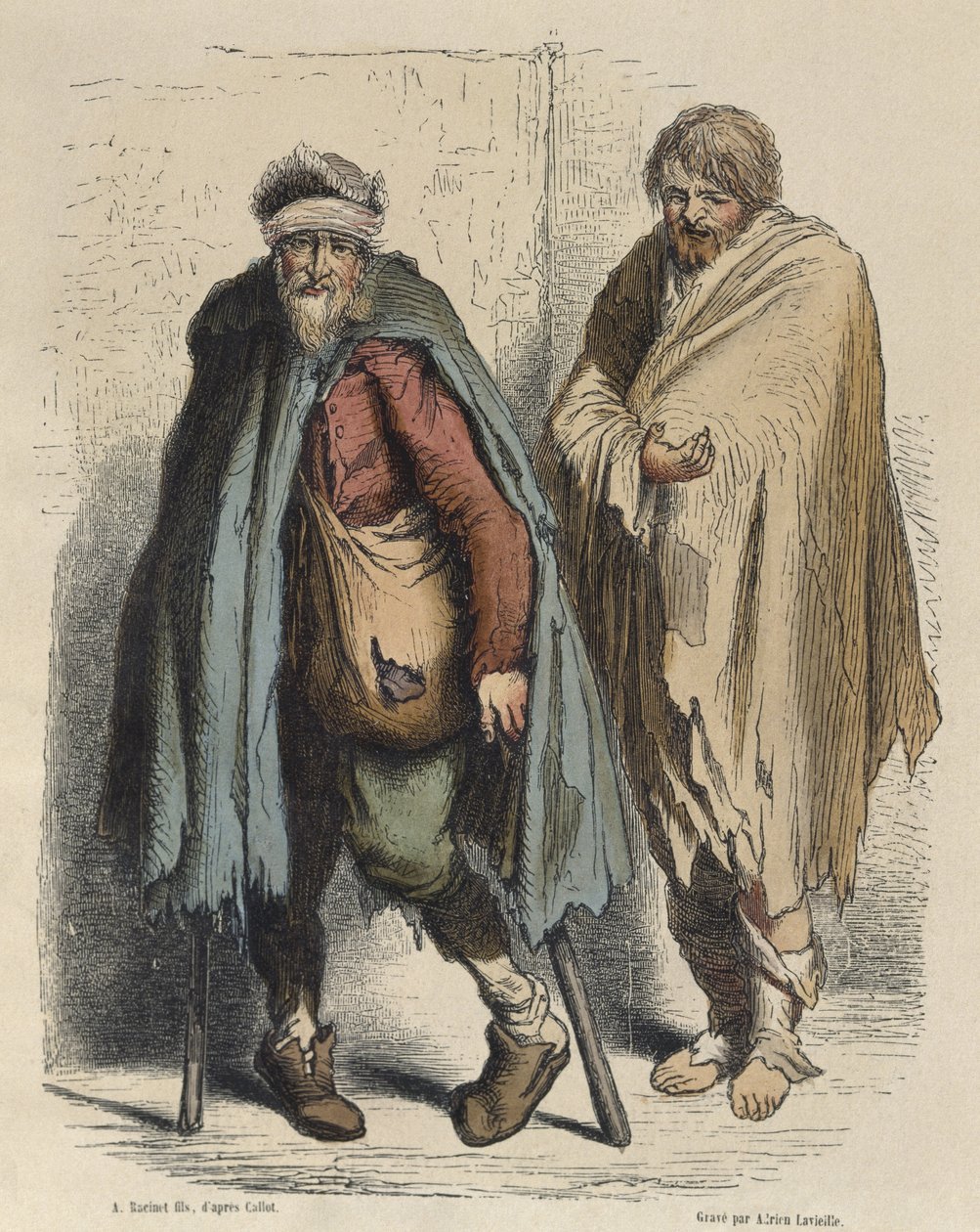 Žebráci, podle Jacquese Callota (1592-1635) vyryl Adrien Lavieille (1818-62) (barevná rytina) od Albert Charles August Racinet